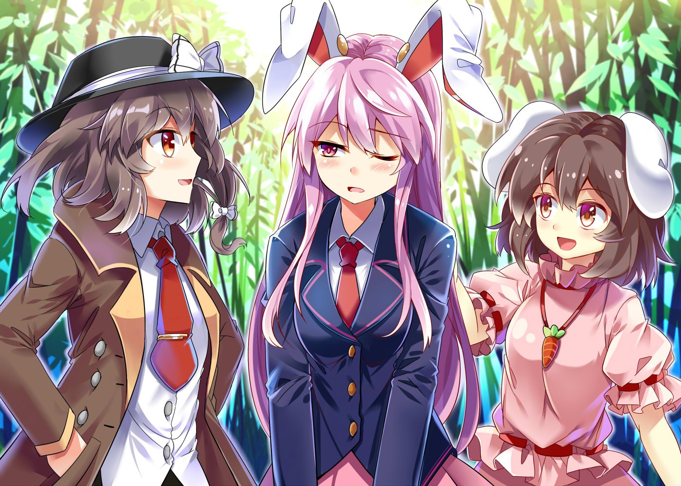 Touhou Tewi Inaba Reisen Udongein Inaba Renko Usami Forest Pink Hair Red Eyes Bunny Ears 1400x1000