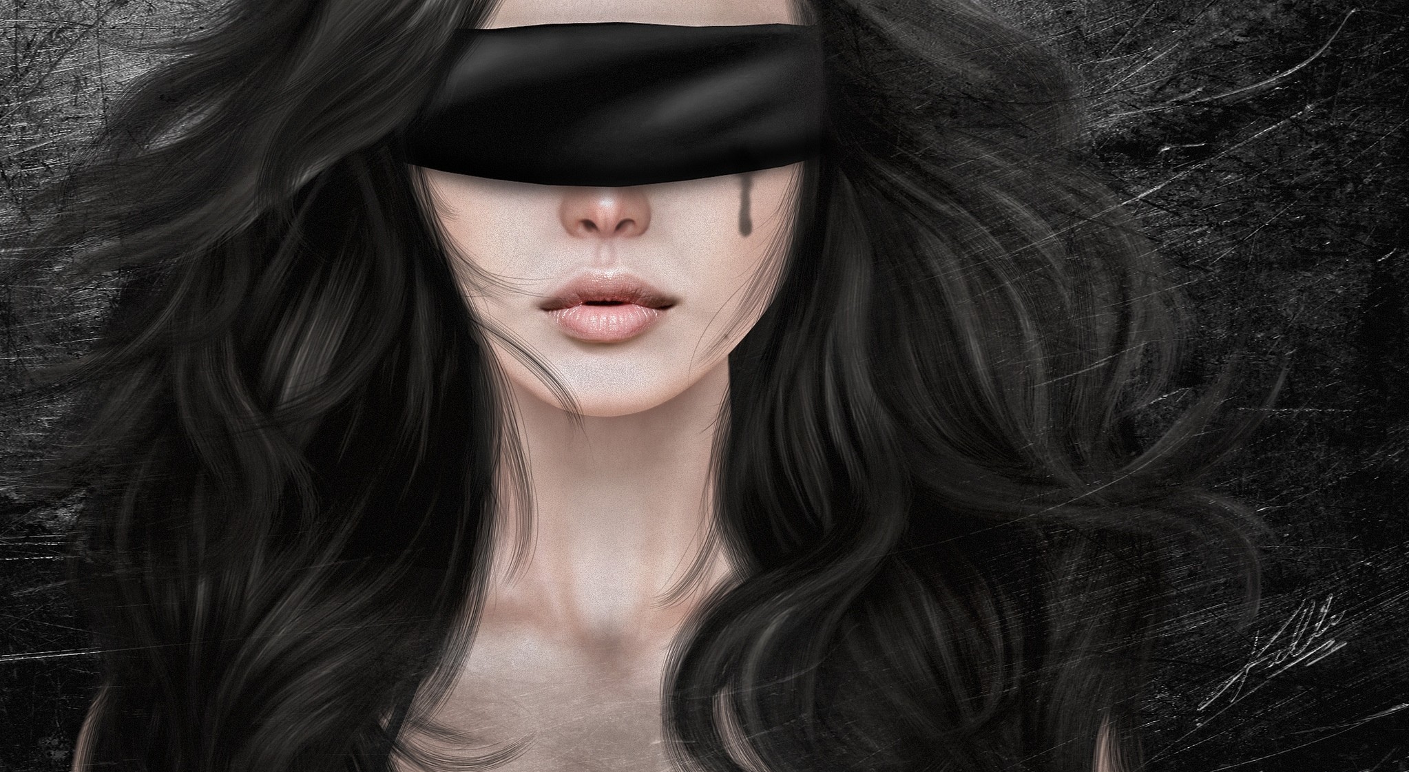Woman Girl Blindfold Tears Black Hair 2046x1121