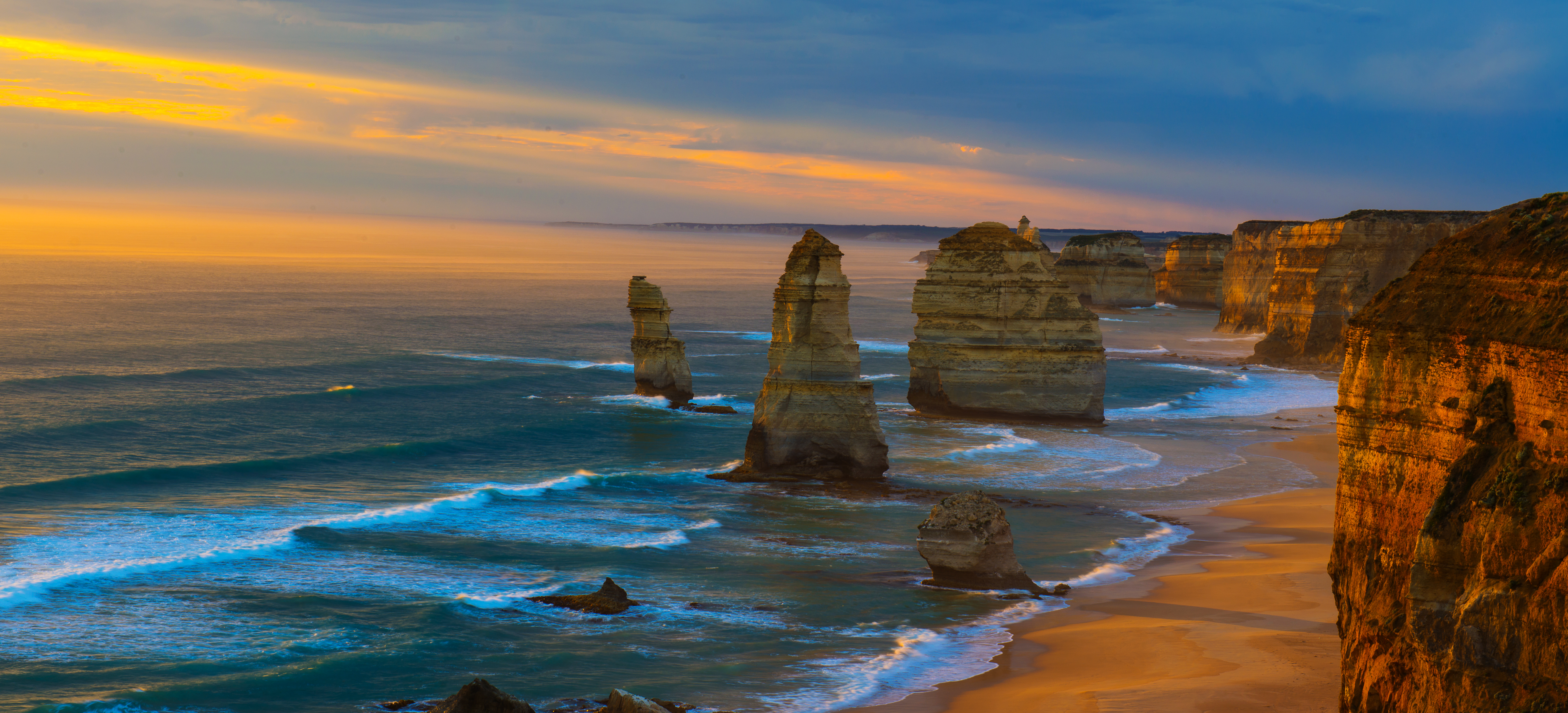The Twelve Apostles Limestone Stacks Victoria Australia Australia Sea Ocean Coastline Sunset 7360x3346