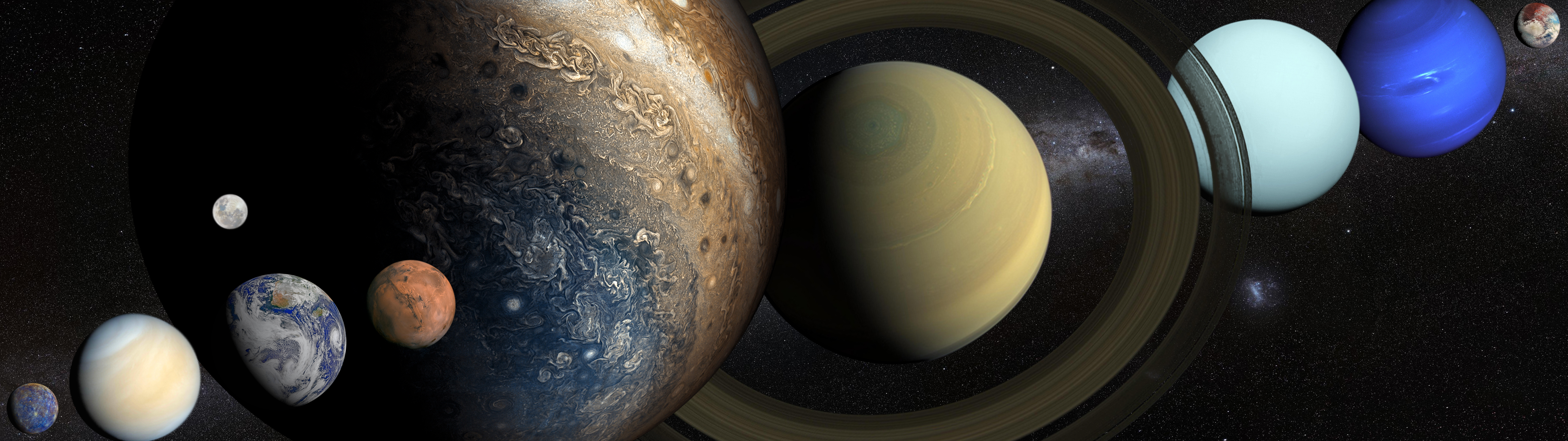 Solar System Venus Neptune Mercury Jupiter Saturn Uranus Earth Mars Pluto Milky Way Moon Space 5120x1440