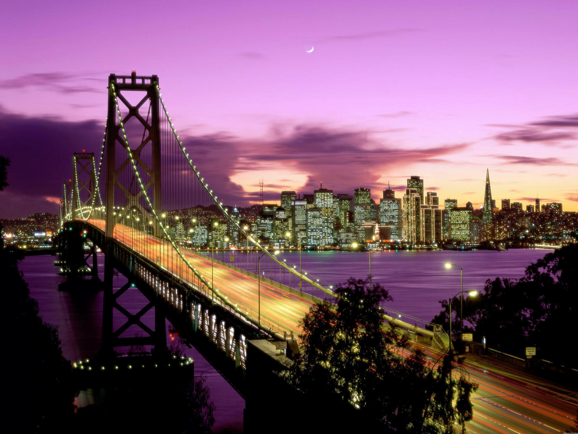 Night San Francisco California Sunset Purple Light Building Bridge City Bay Bridge 1920x1440