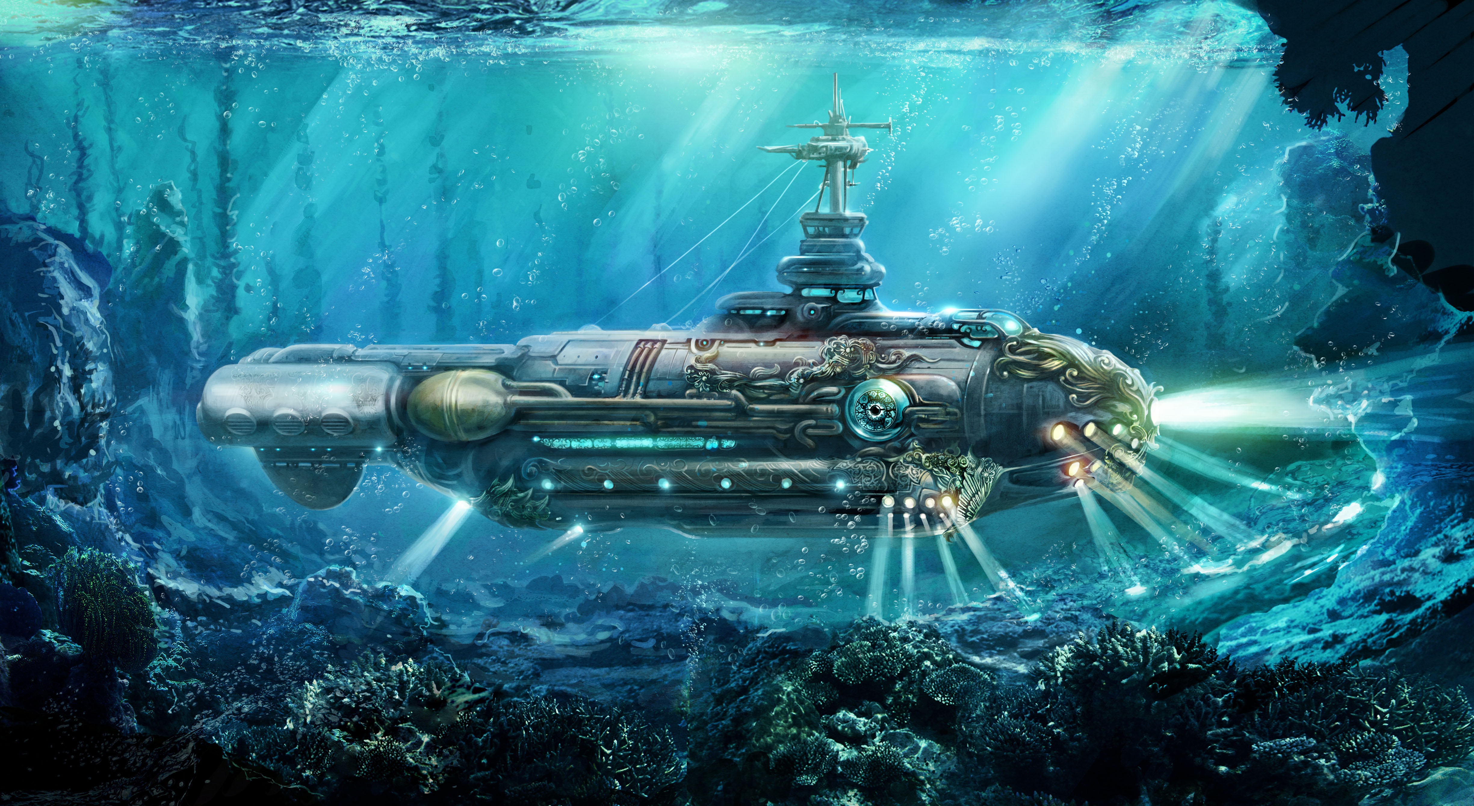 Underwater Ocean Nautilus Submarine Steampunk 4898x2681