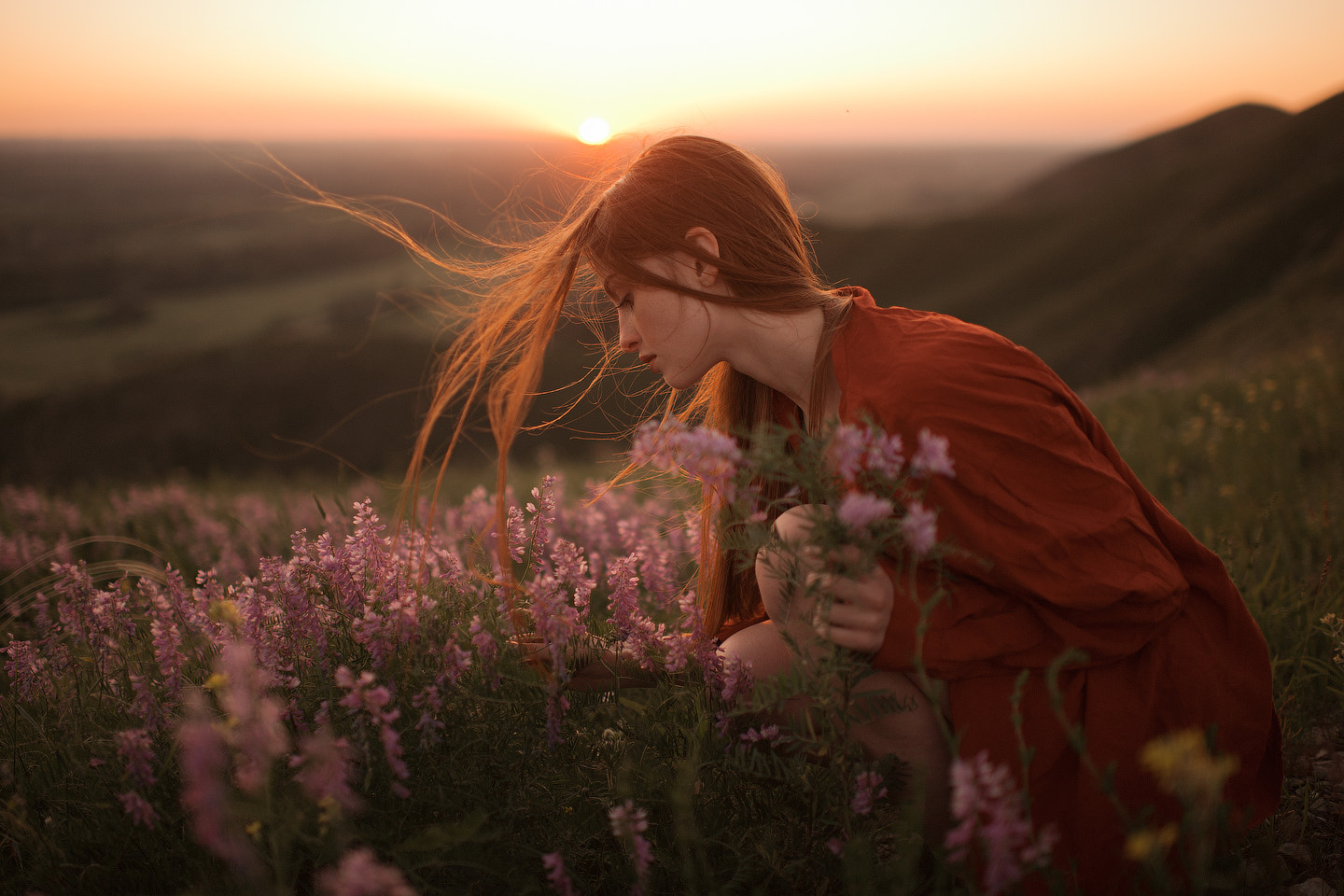 Marat Safin Women Redhead Sunset Red Dress Nature Field Flowers Wind Long Hair 1440x960