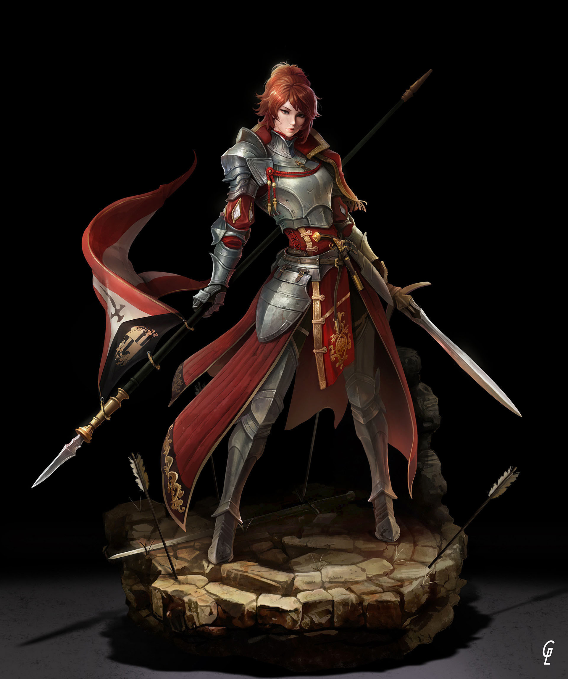 Park JunKyu Drawing Women Redhead Ponytail Warrior Armor Weapon Spear Sword Arrows Steel Red Clothin 1920x2294