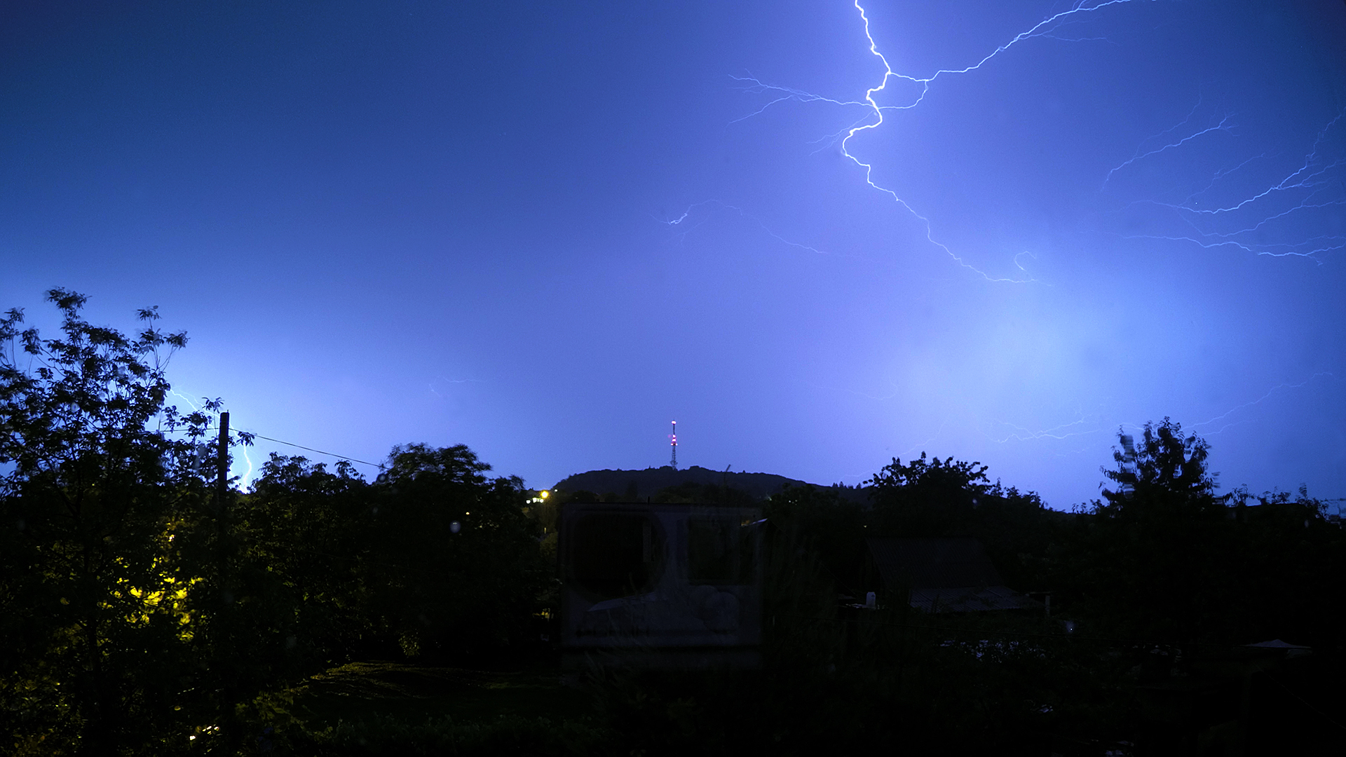 Lightning Night Sky Tower Radio Tower Hills Ukraine Trees Nature Storm 1920x1080
