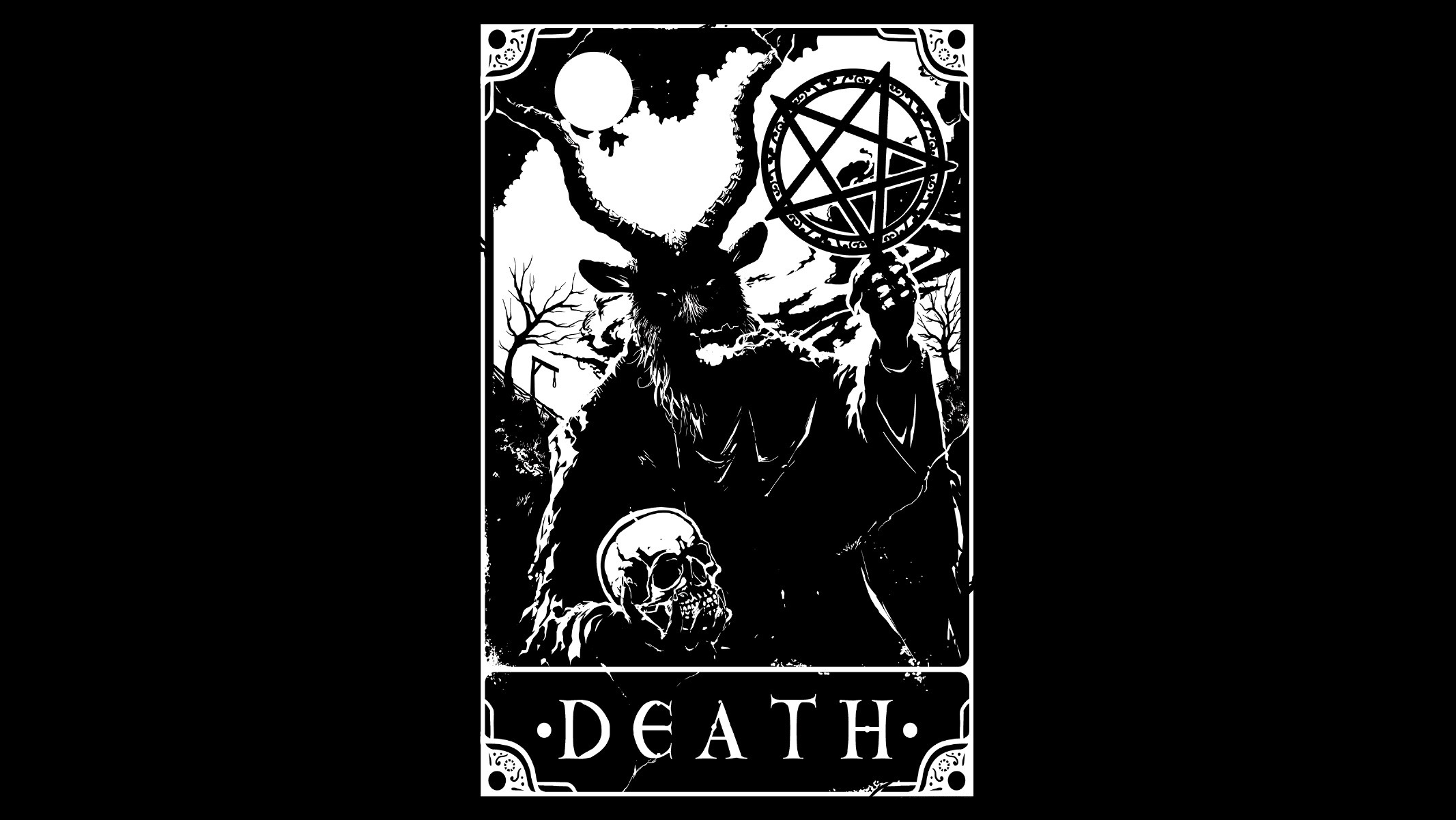 Monochrome Simple Background Occultism Tarot Goat Pentagram Skull Moon Gallows Text 2133x1200