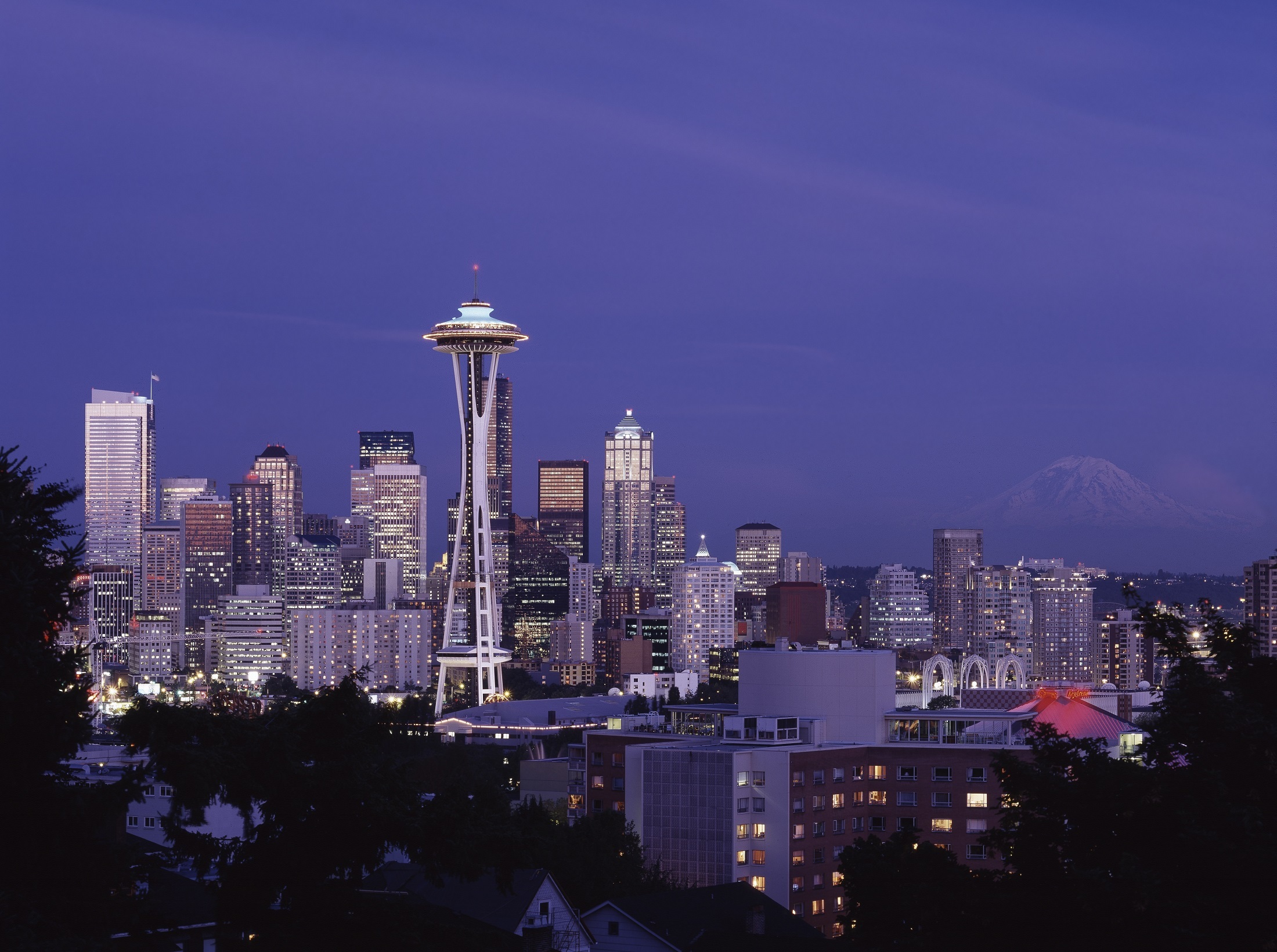 Seattle Space Needle Building City Night Light Skyscraper Purple USA 2200x1641