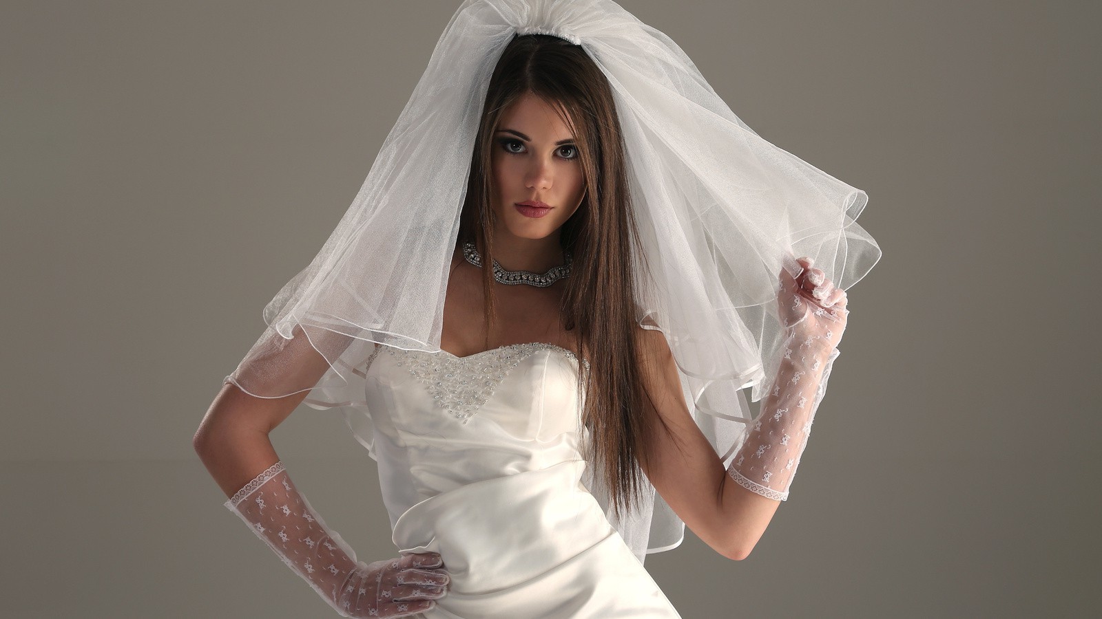Woman Girl Bride Veil White Dress Wedding Dress Brunette 1600x900