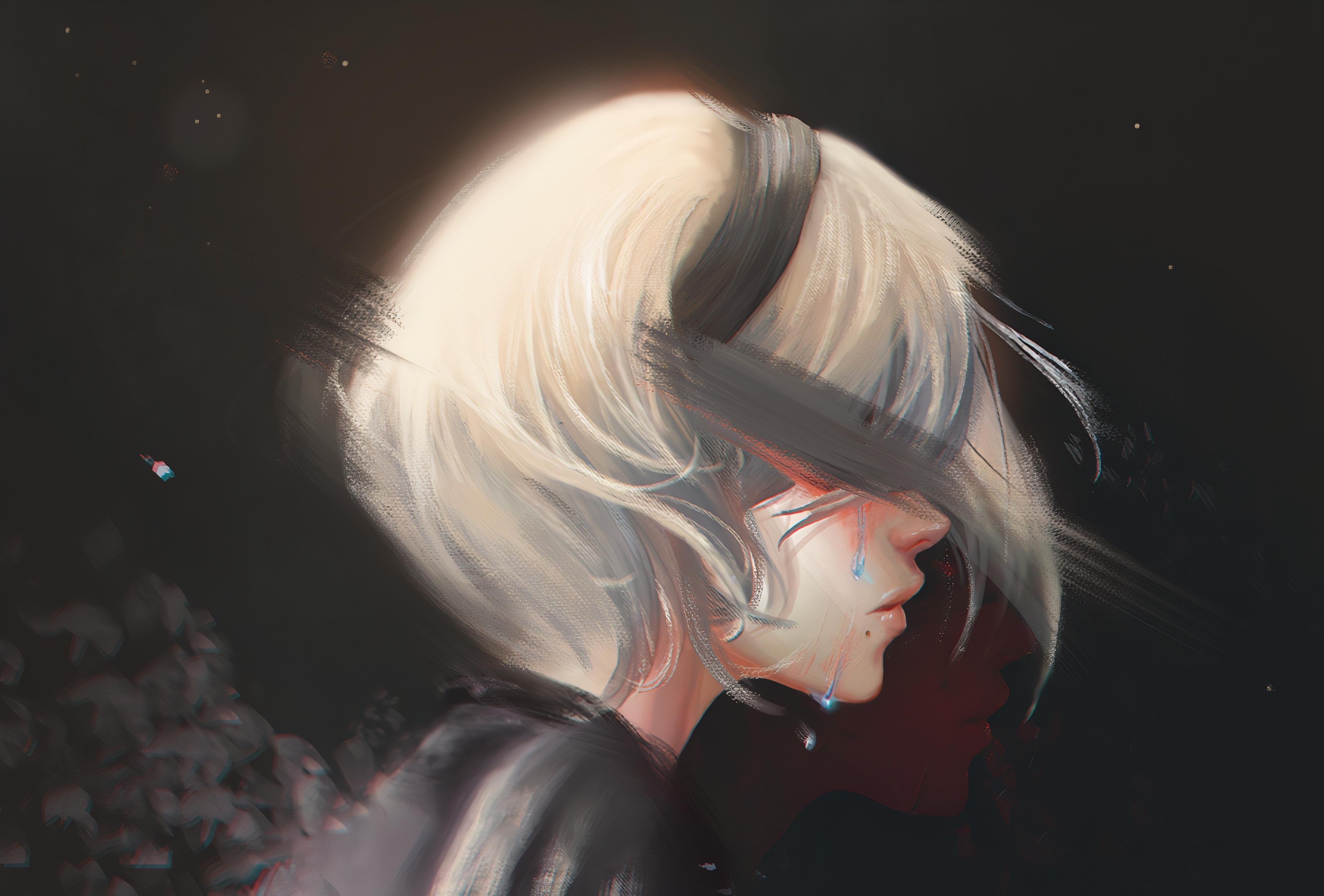 Nier Automata 2B Nier Automata Artwork Digital Art White Hair Tears Short Hair Human Android Head Ba 3600x2436