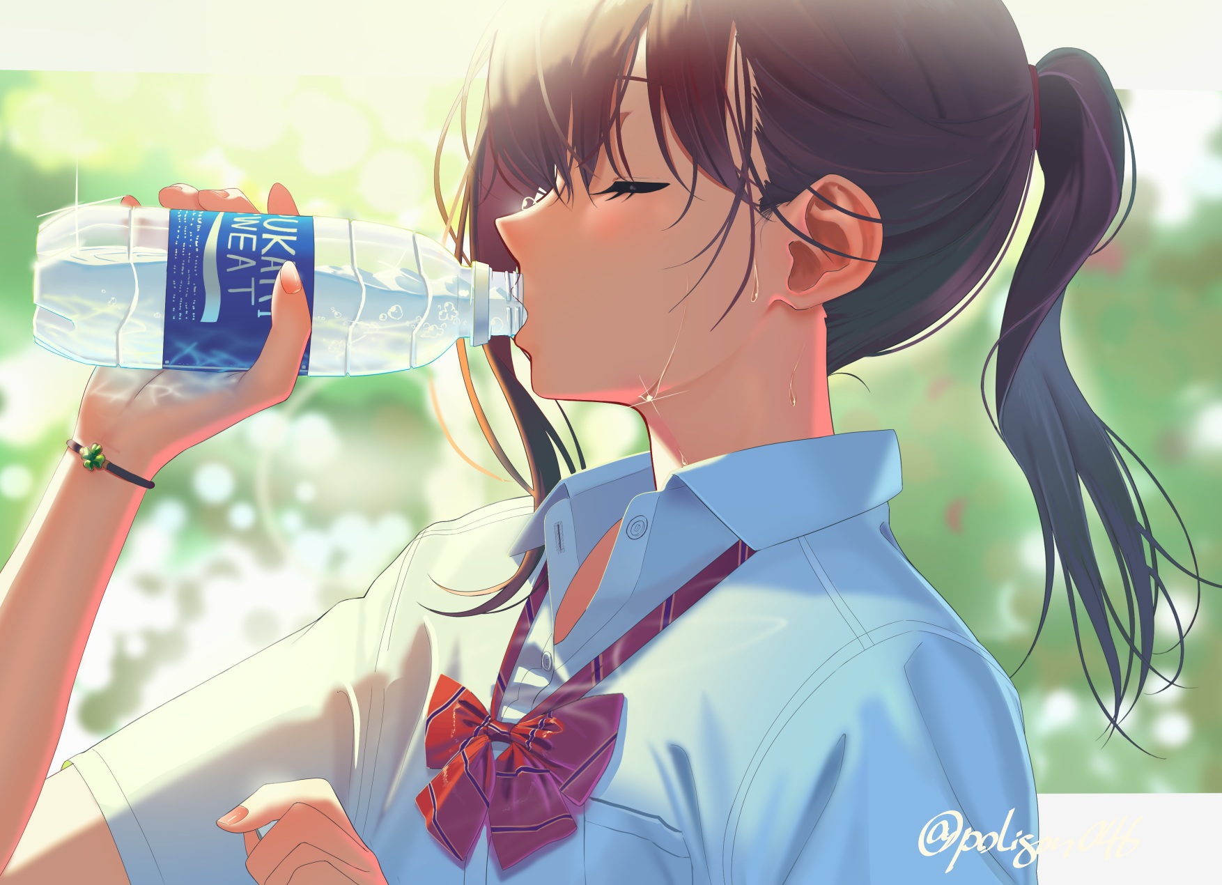 Ponytail Water Bottle Anime Girls Anime Bottles Drinking Closed Eyes 1754x1270