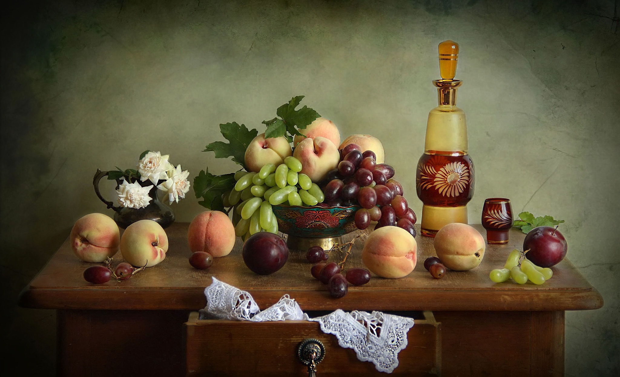 Still Life Food Fruit Berries Grapes Peaches 2048x1246