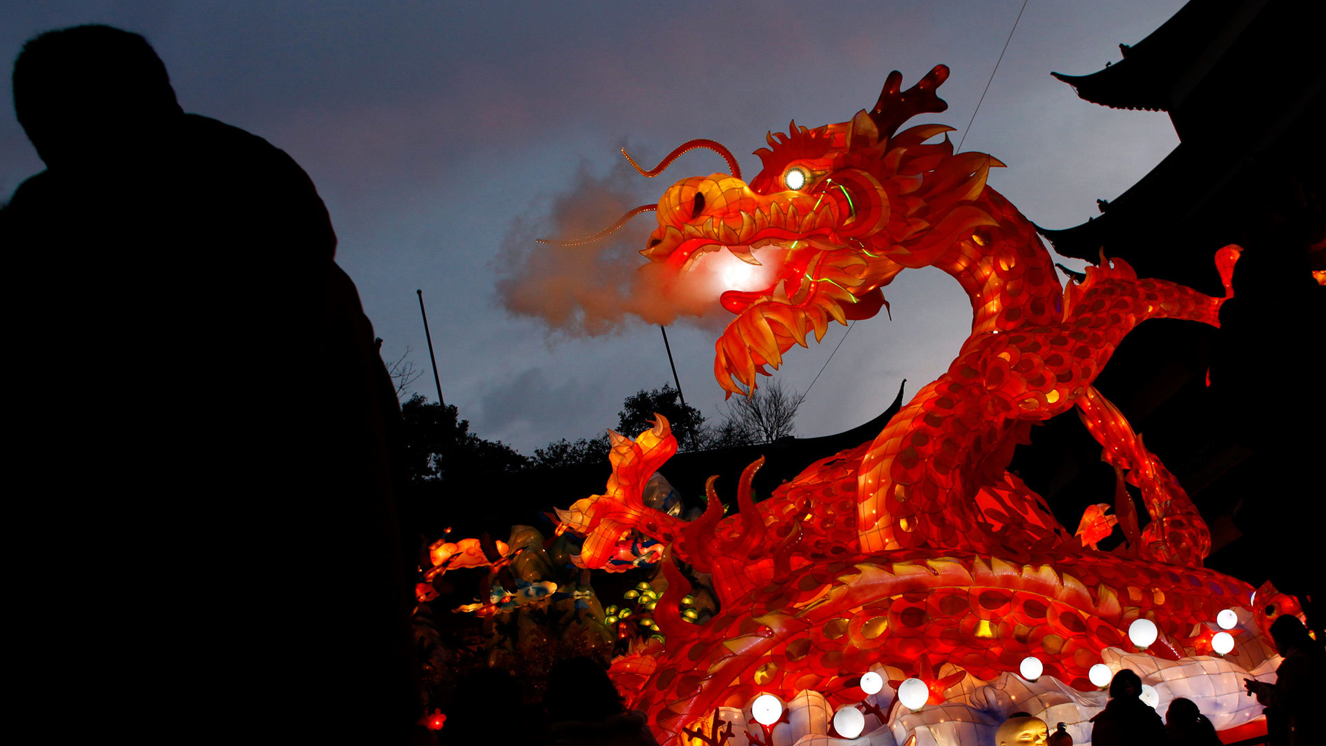China Chinese New Year Dragon Light Shanghai Silhouette 1920x1080