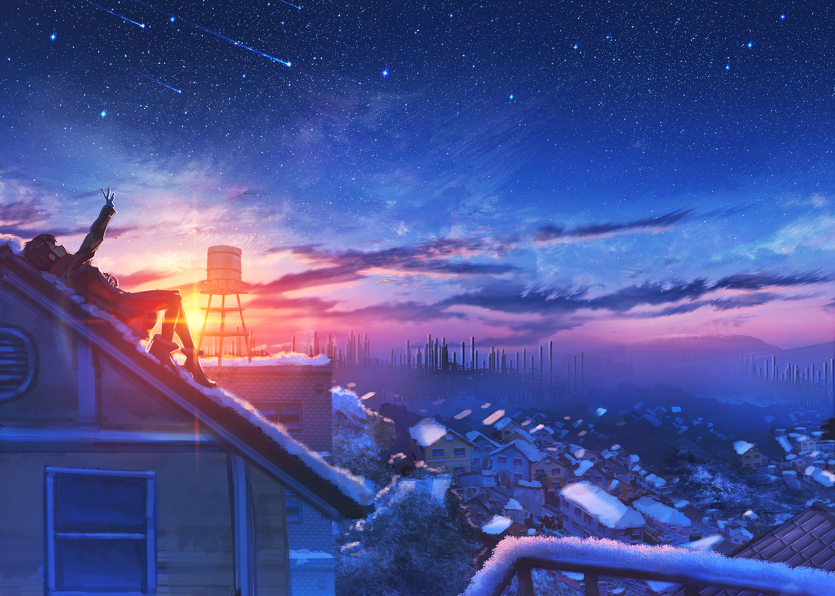 Clouds Sky Snow Stars Sunset Moescape Anime 2800x2000