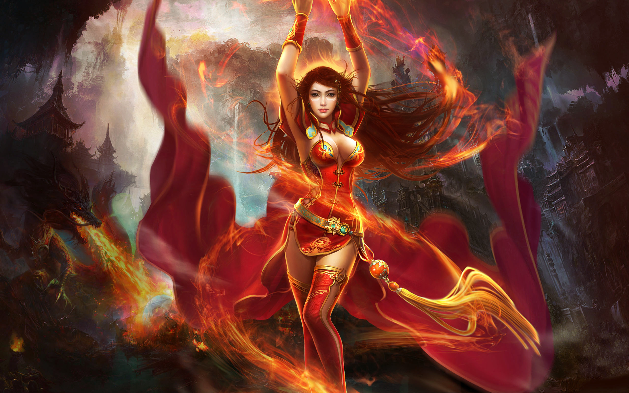 Fantasy Fire Girl Lina Dota 2 Red Dress Woman 2560x1600