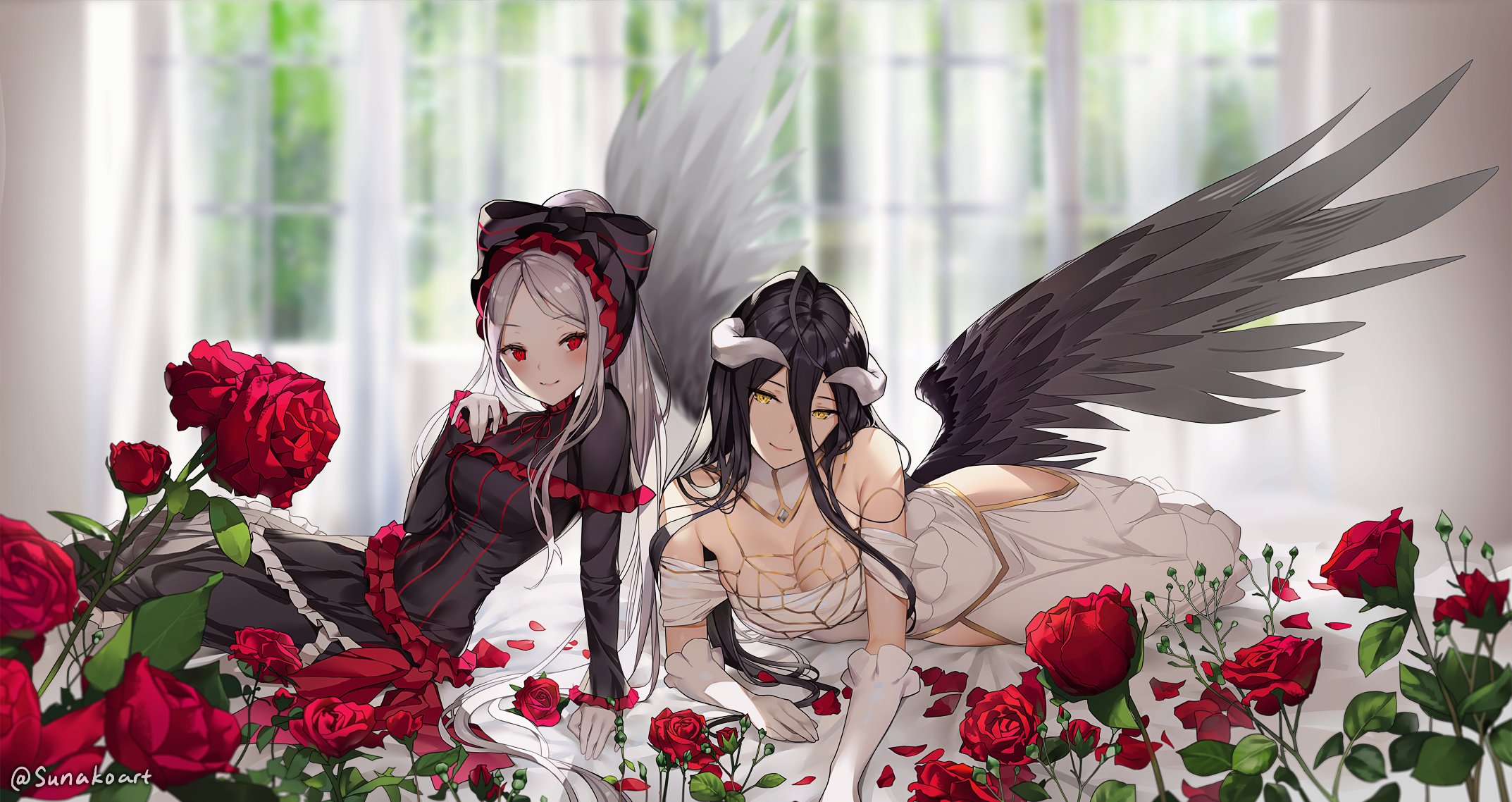 Overlord Anime Shalltear Albedo OverLord Demon Girl Vampires Wings Roses Anime Anime Girls Red Eyes 2146x1138