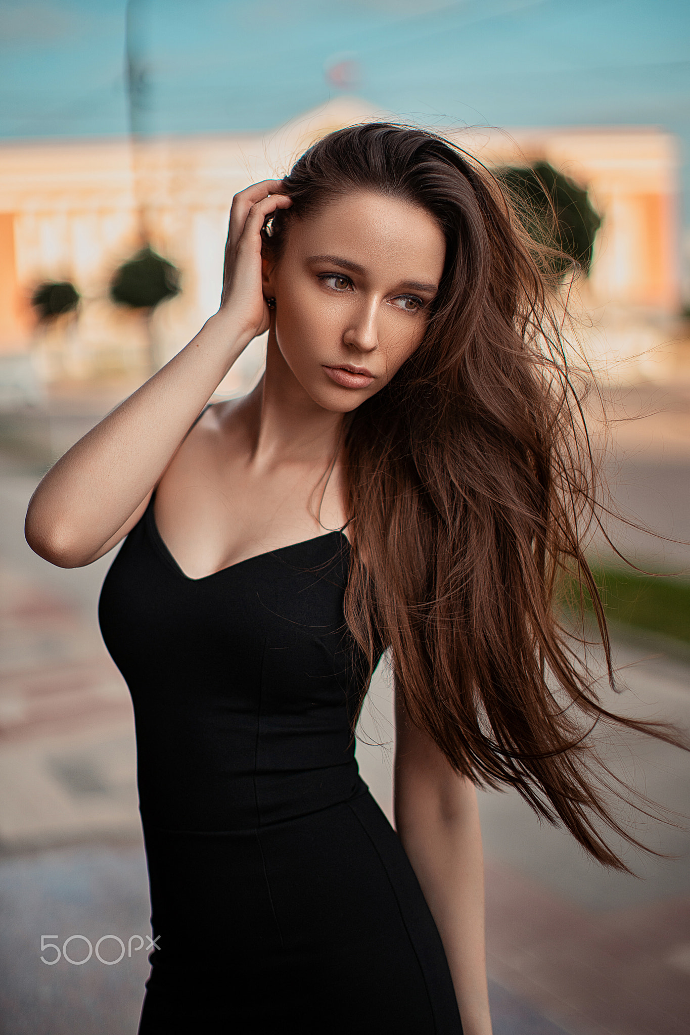Sergey Shishlov Women Brunette Long Hair Wind Looking Away Brown Eyes Makeup Dress Black Clothing Ou 1365x2048