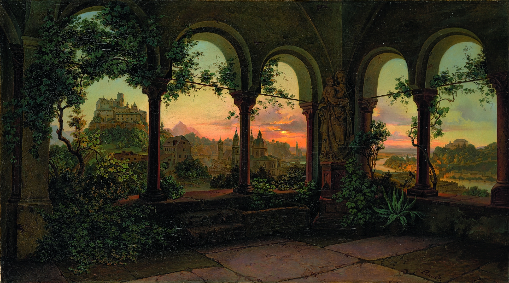 Painting Plants Architecture Sunset Georg Pezolt Castle 1850 Year Salzburg Austria Balcony 2123x1181