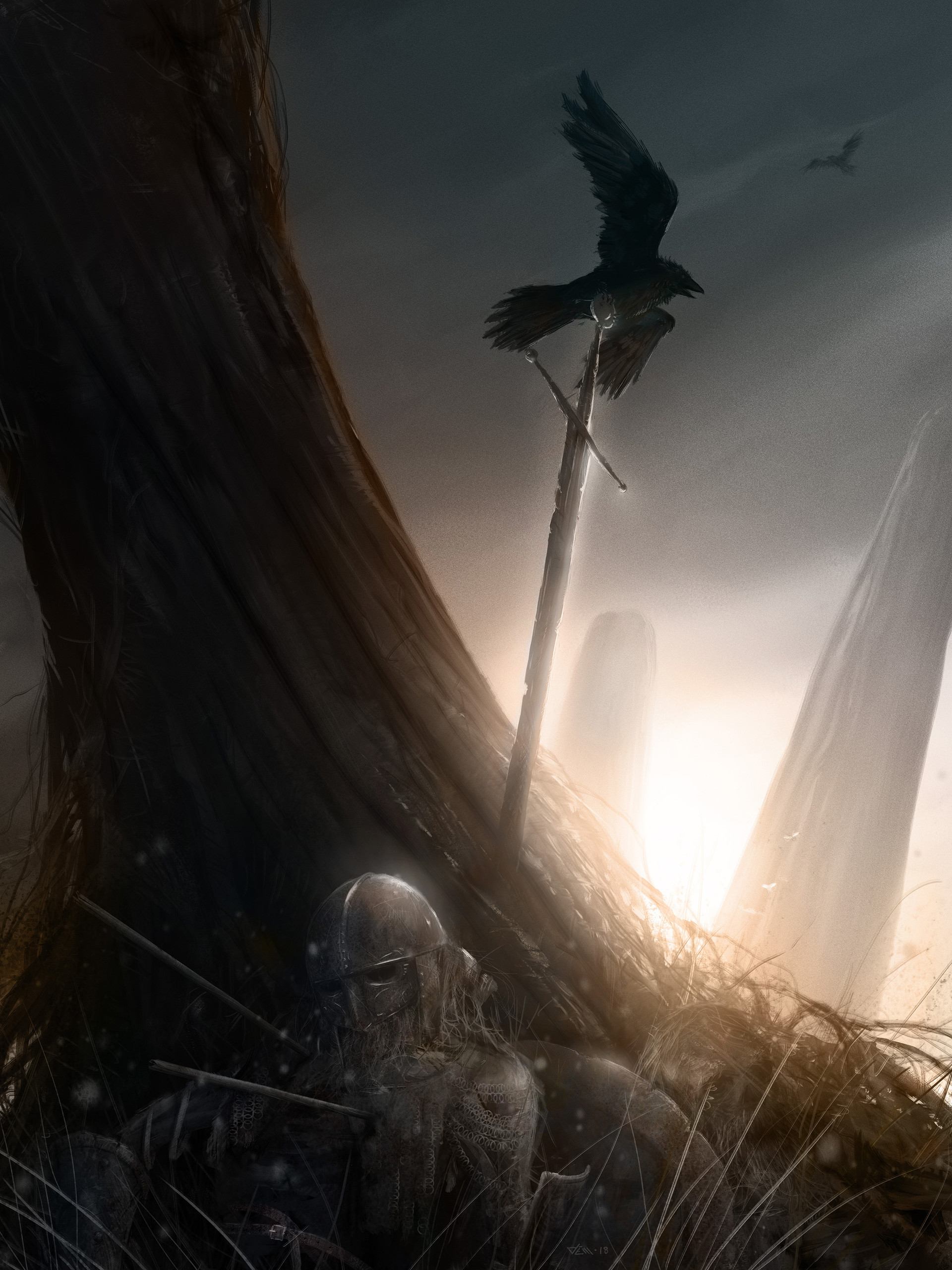 Artwork Fantasy Art Sword Helmet Battlefields Crow Ruins Warrior Dark Fantasy 1920x2560