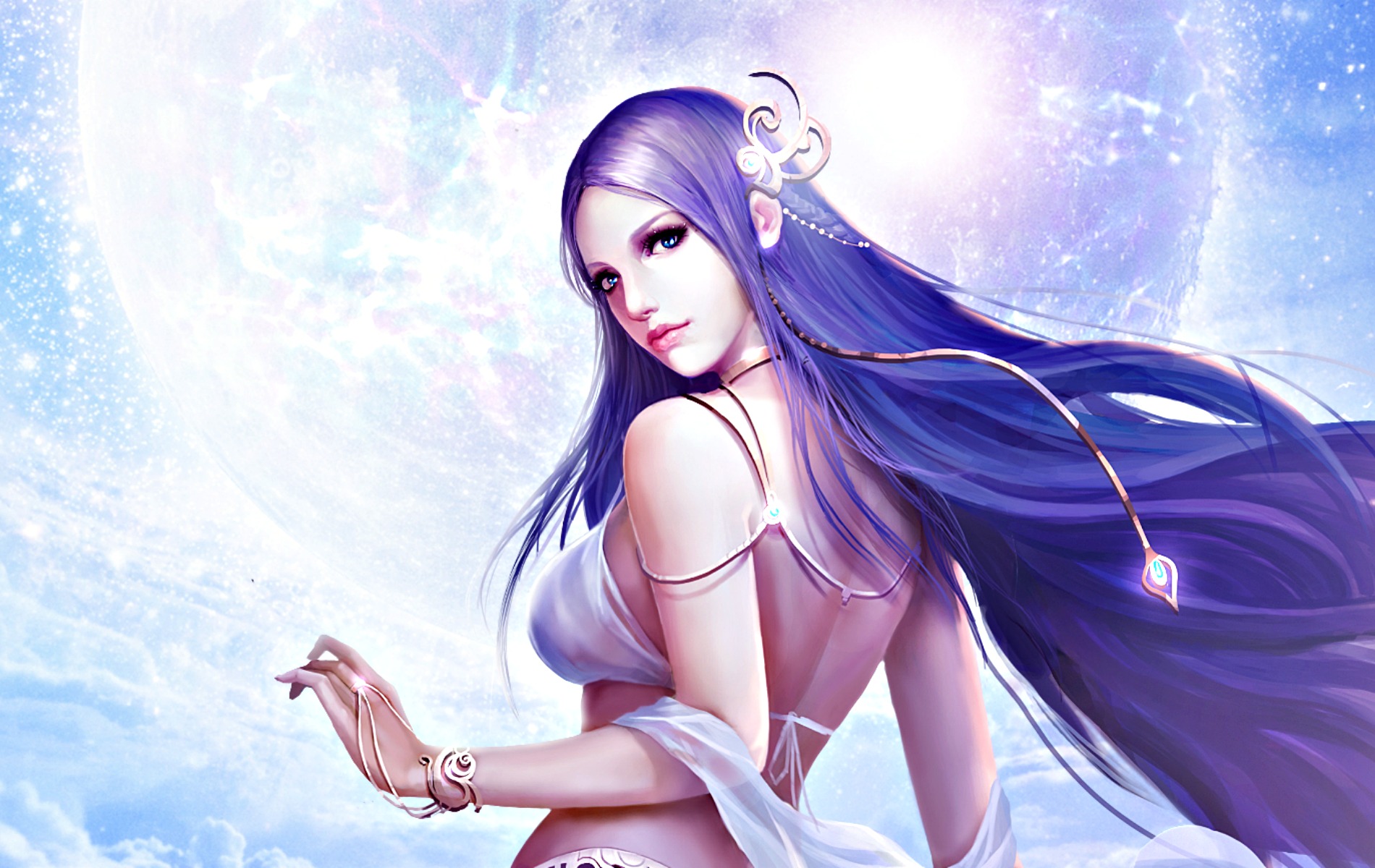 Blue Eyes Fantasy Girl League Of Angels Long Hair Purple Hair Woman 1900x1200