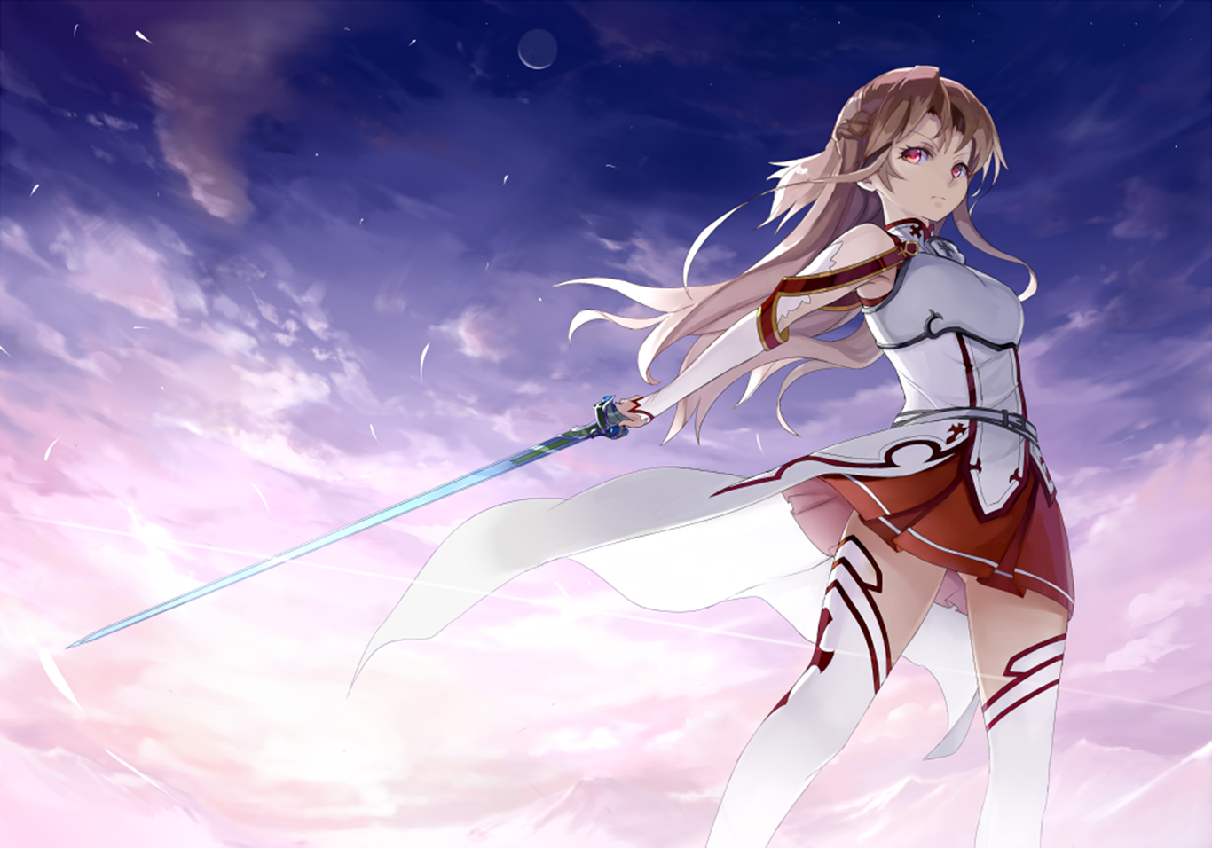 Anime Sword Art Online Asuna Sword Art Online Anime Girls Sword Weapon Sky Long Hair Blonde 1366x956