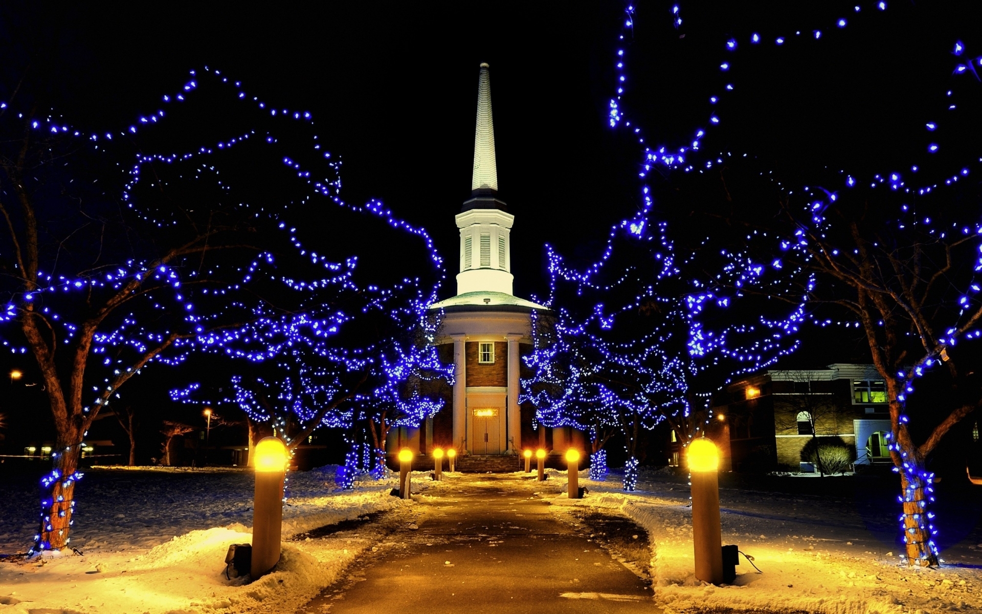 Snow Winter Street Road Place Night Light Christmas Chapel Church 1920x1200