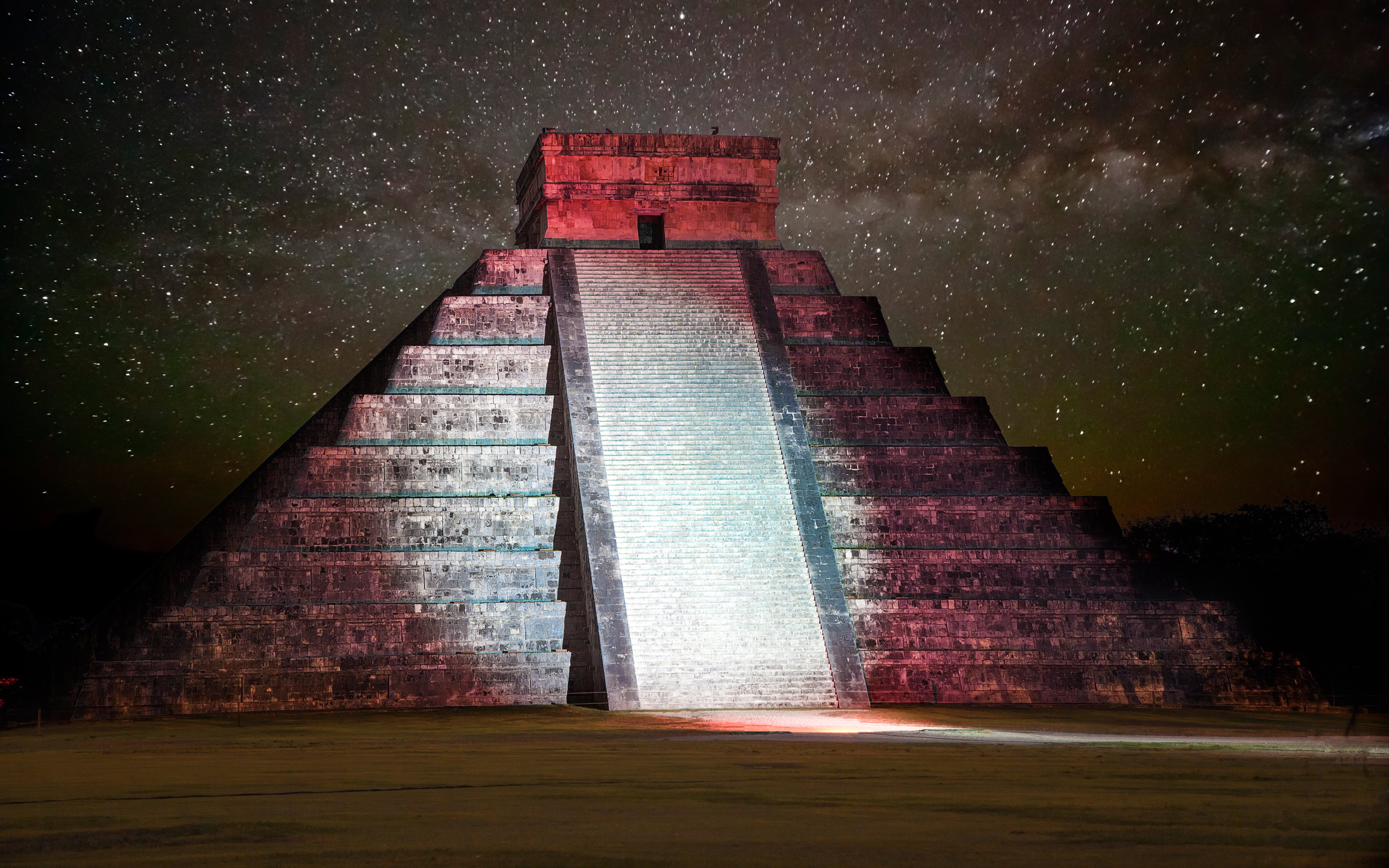 Chichen Itza Mexico Night Light Starry Sky Pyramid 2880x1800