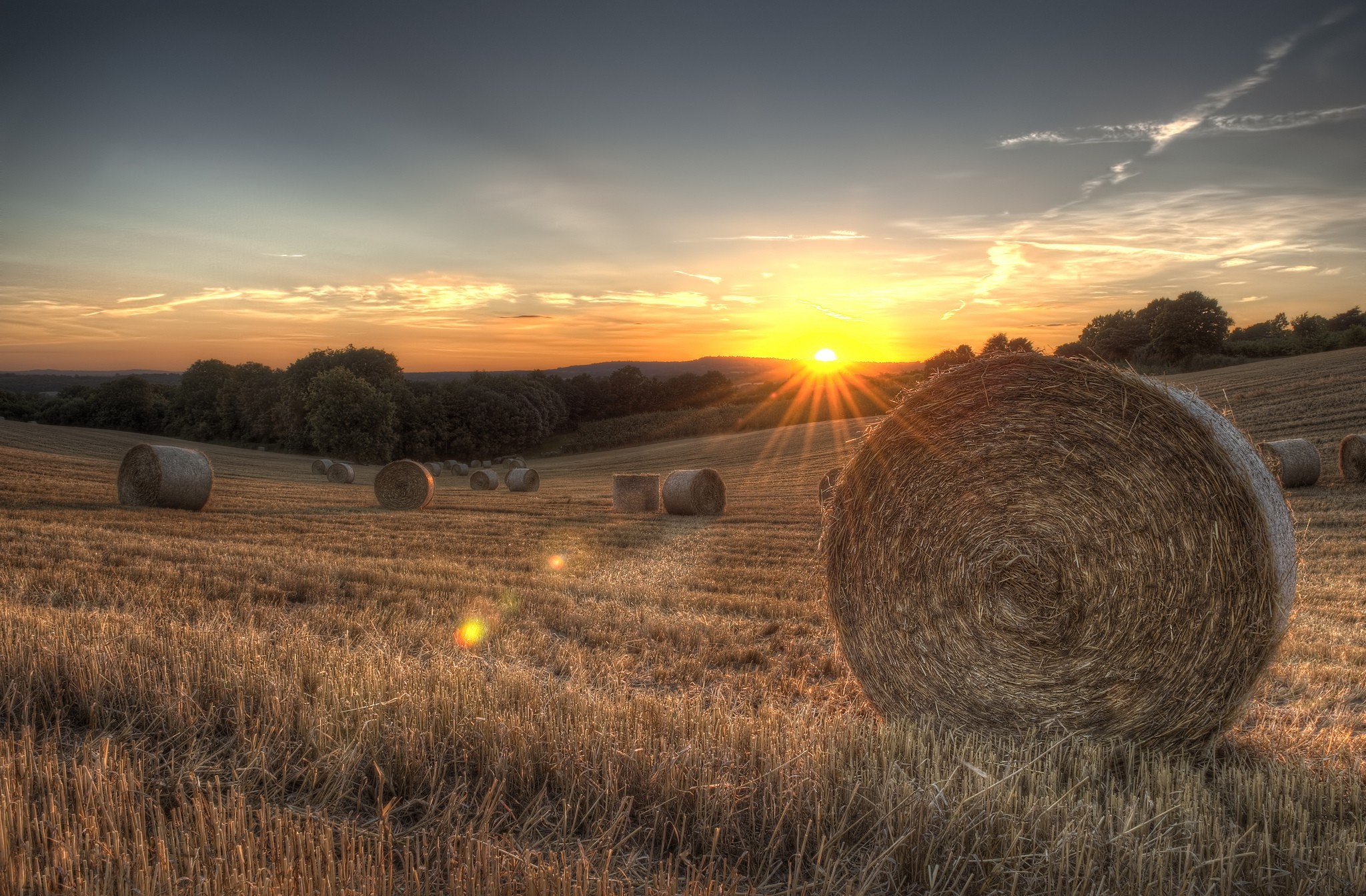 Haystack Stubble Field Sunset 2048x1343