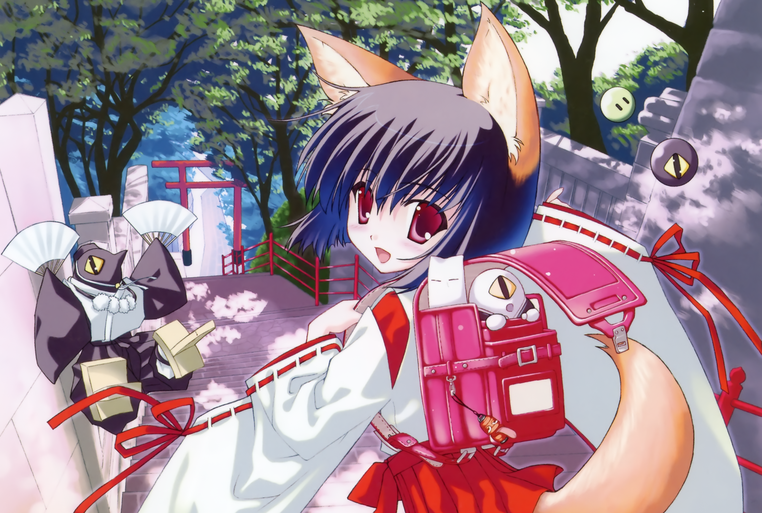Miko Outfit Bag Red Eyes Short Hair Purple Hair Smile Tail 2568x1728