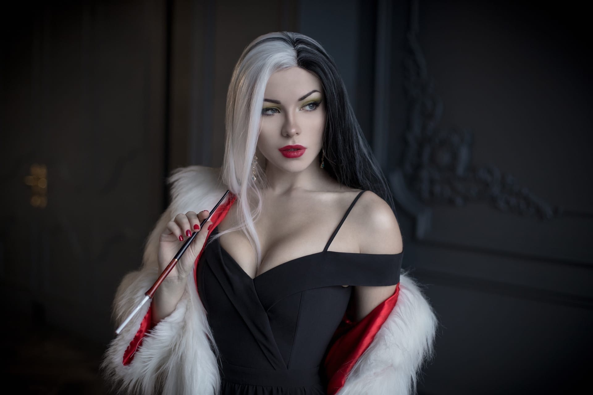 Irina Meier Cosplay Model White Hair Disney Villains Smoking Red Lipstick Young Woman Cruella De Vil 1920x1280