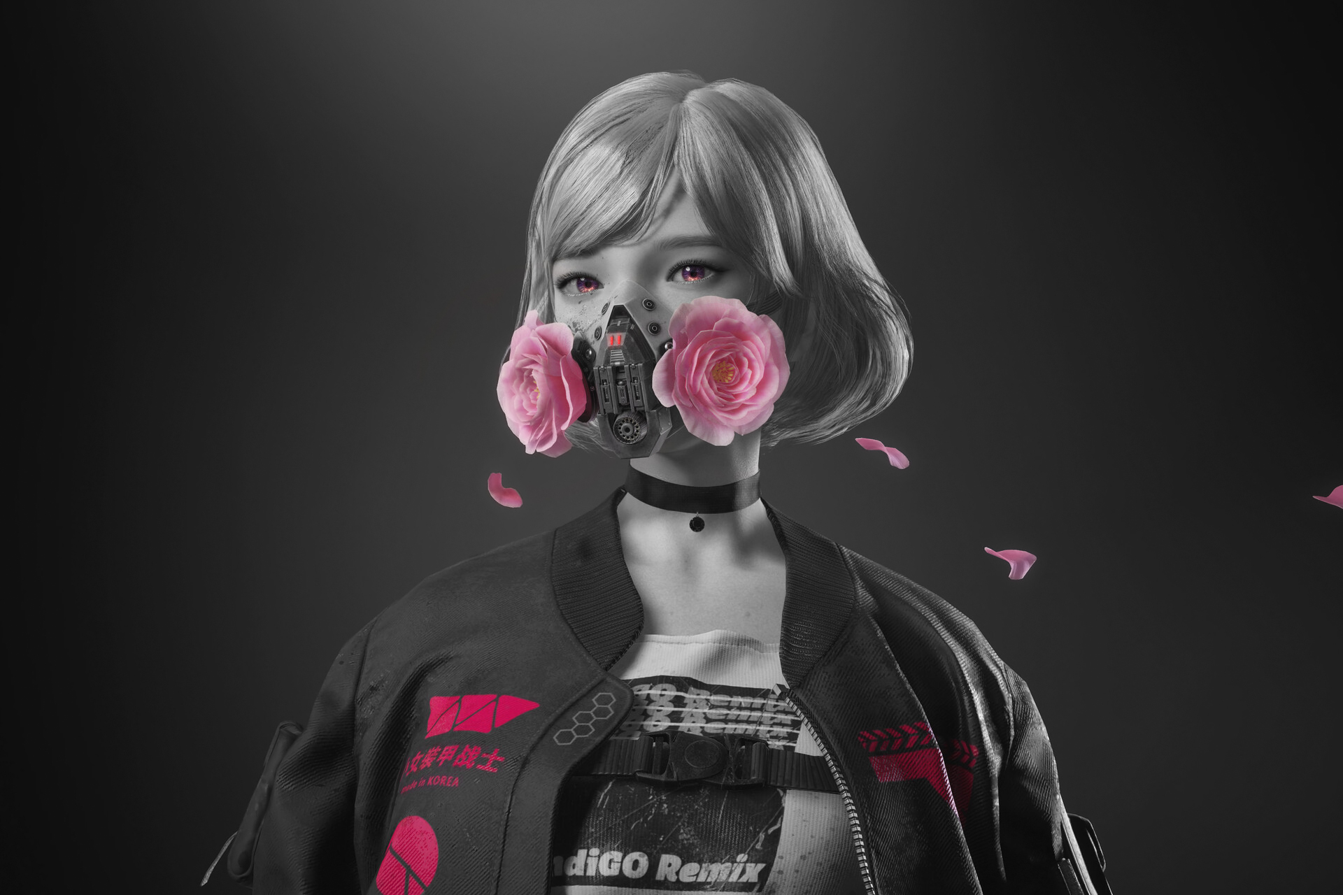 Yerim Kim CGi Women Pink Eyes Mask Cyberpunk Short Hair Monochrome Pink Flowers Petals Simple Backgr 1920x1280