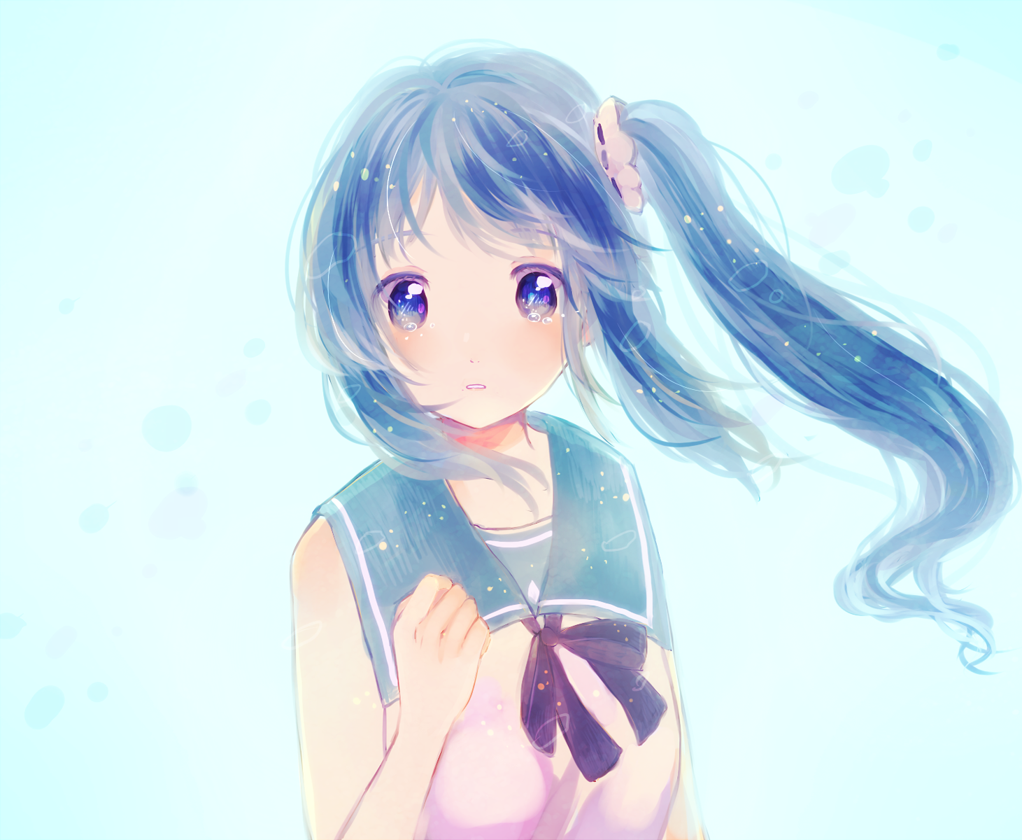 Long Hair Blue Hair Twintails Blue Eyes School Uniform Blush Water Girl Nagi No Asukara Chisaki Hira 1461x1200