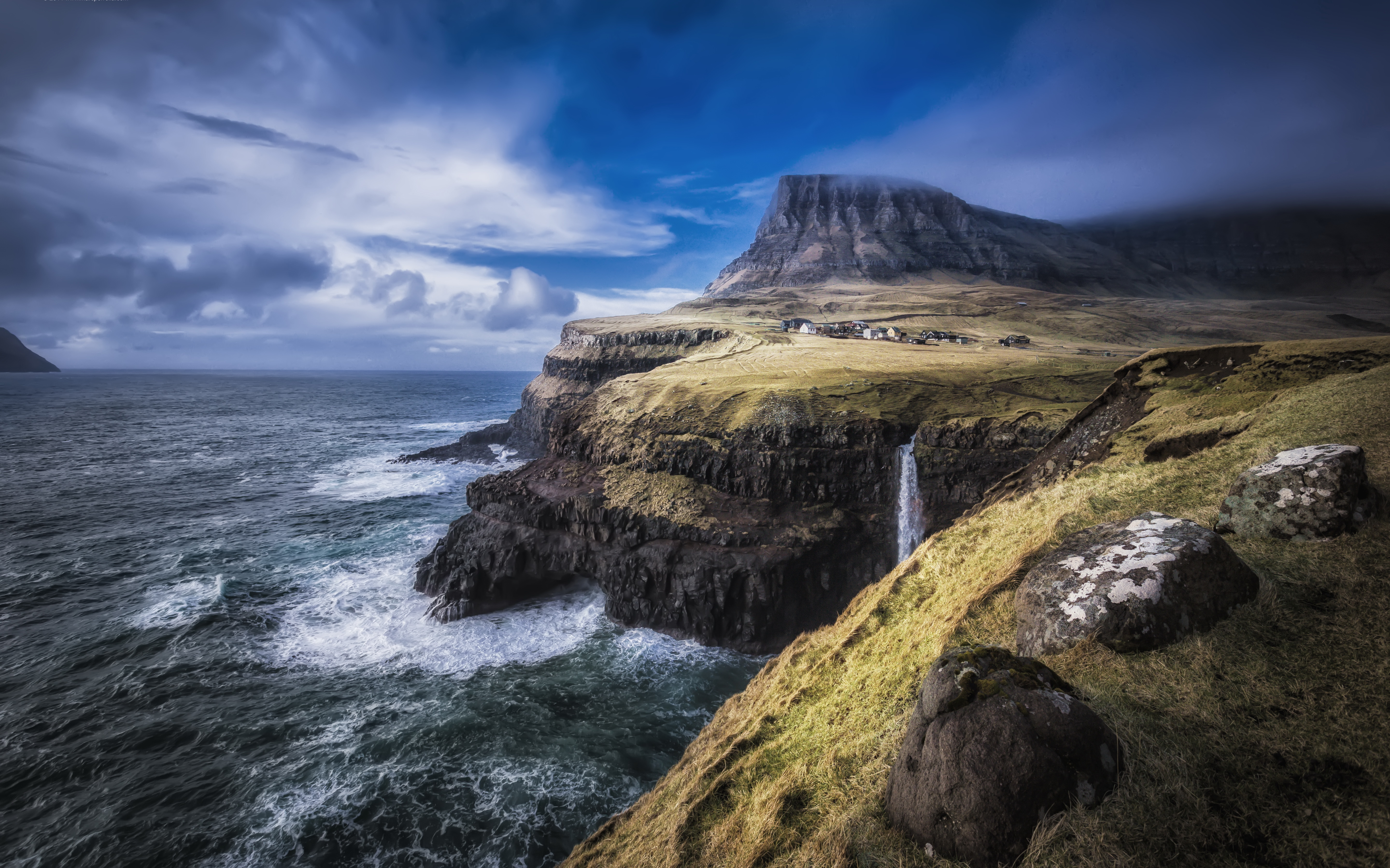 Faroe Islands Gasadalur Coastline Waterfall Ocean Cliff Village 5756x3597