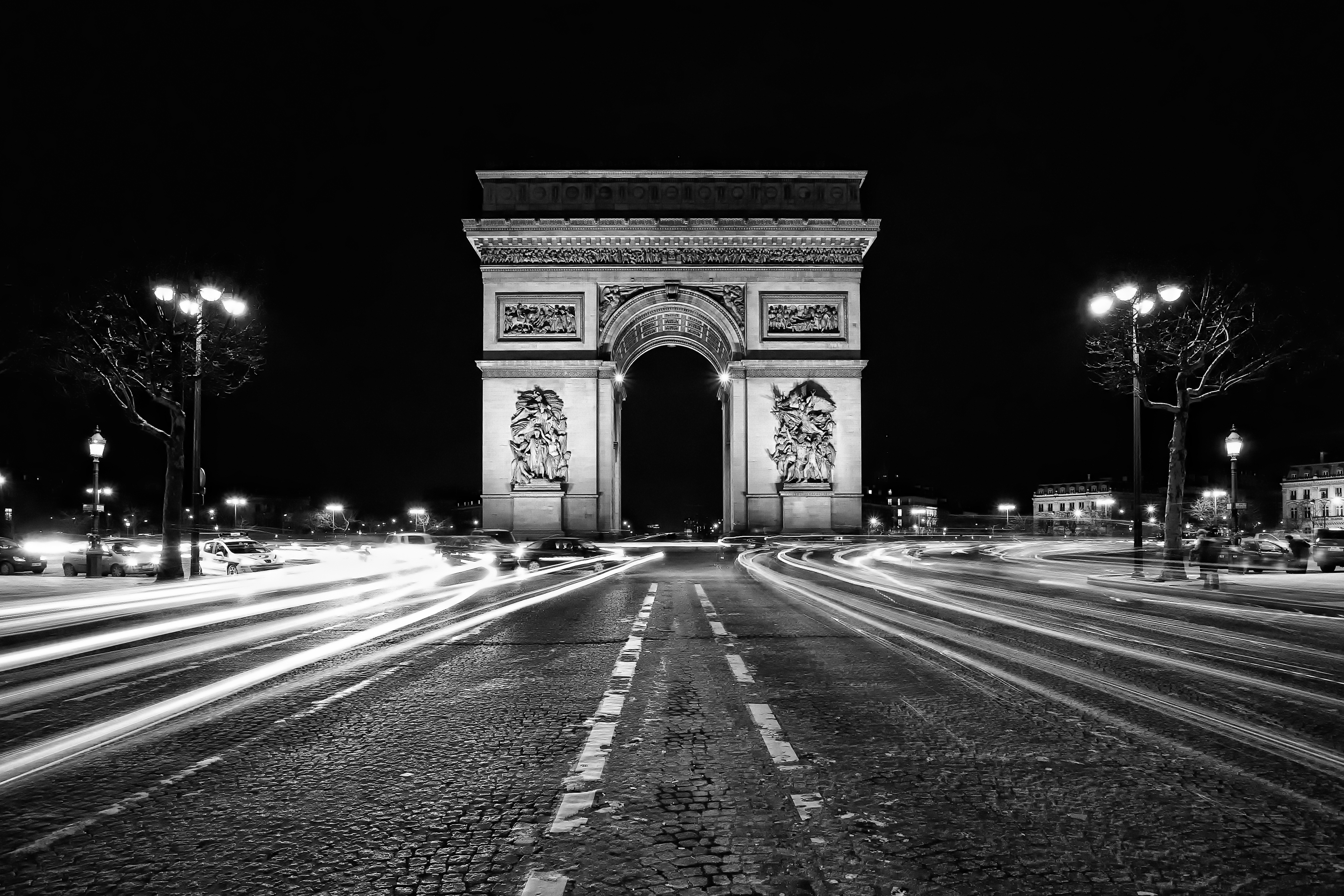 Arc De Triomphe Paris France Monument Night Black Amp White Time Lapse 4368x2912