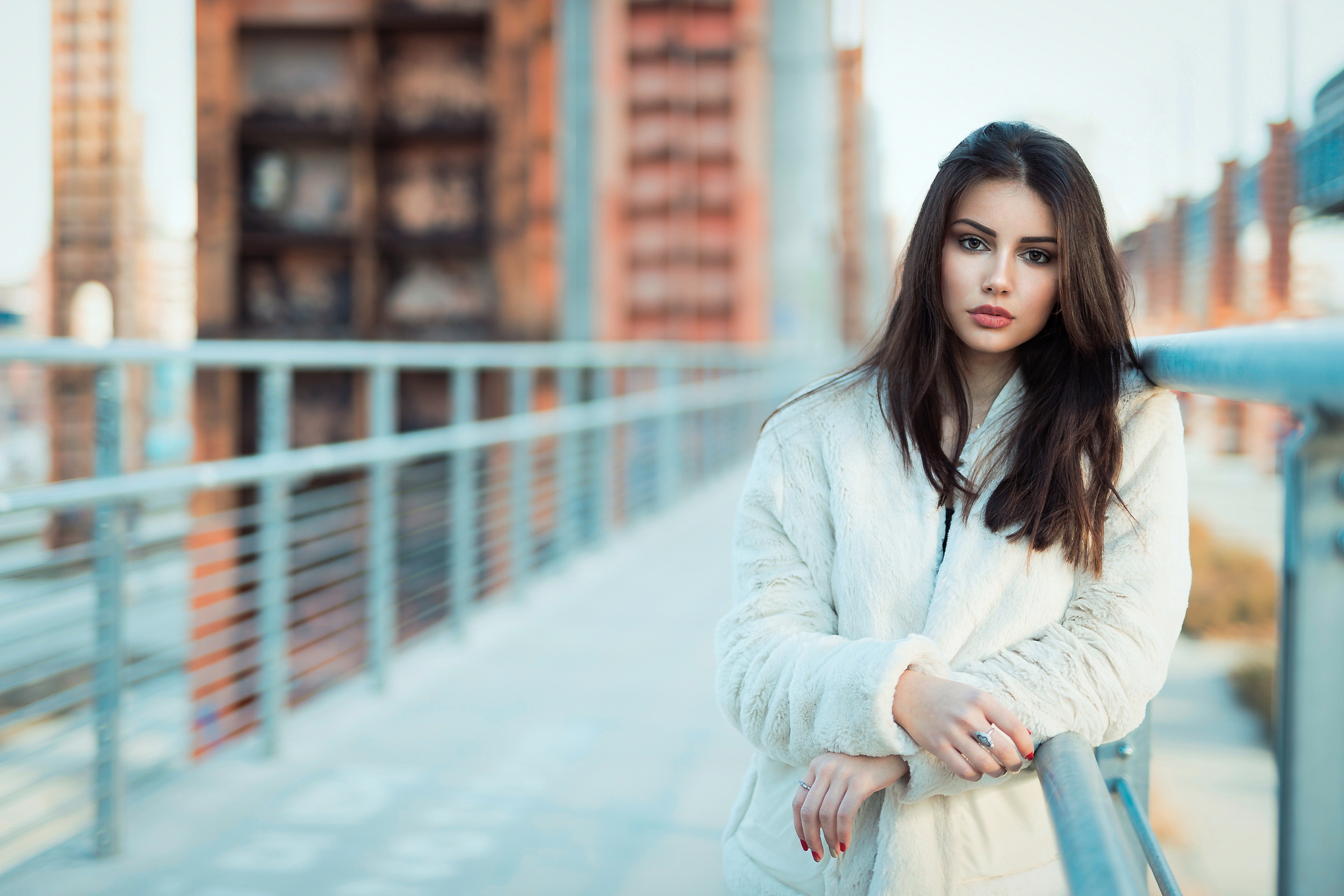 Brunette Model White Coat Luigi Malanetto Long Hair Looking At Viewer Red Nails 3000x2000