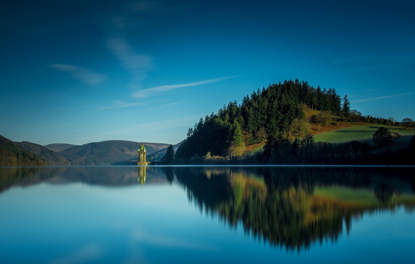 Nature Landscape Building Old Building Lake Vyrnwy Wales UK Lake Tower Reflection Hills Trees Forest 1332x850