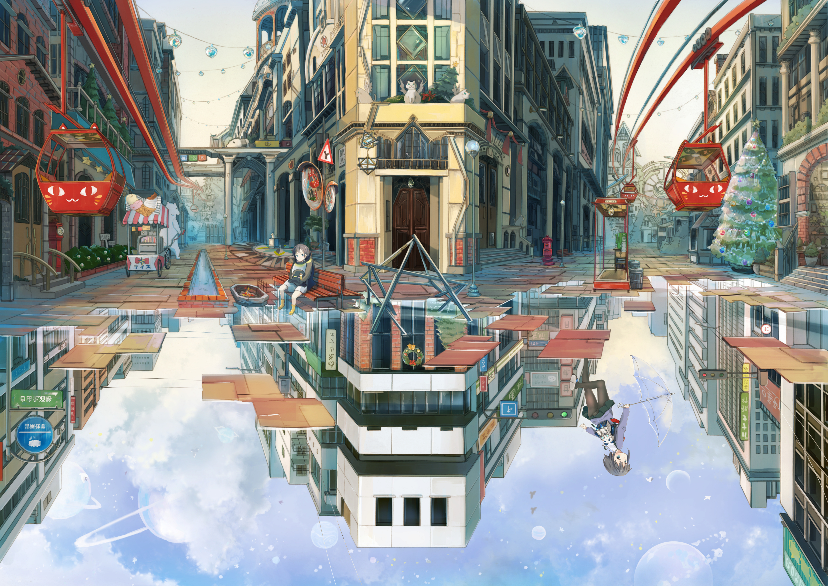 Original Anime Water City Building Child Reflection 3509x2481
