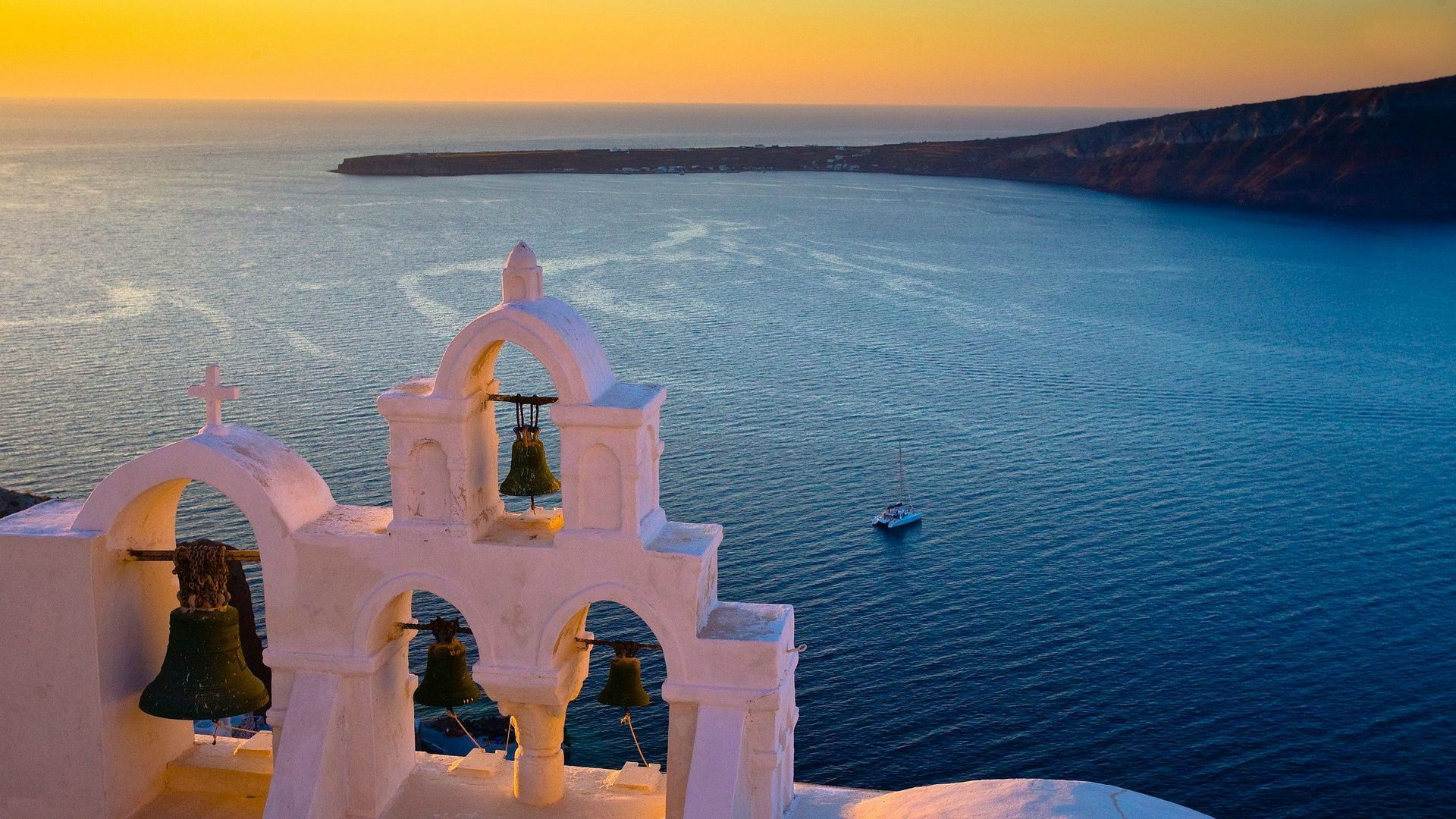 Panorama Church Church Bells Greece Santorini Beach Ocean Bell 1920x1080