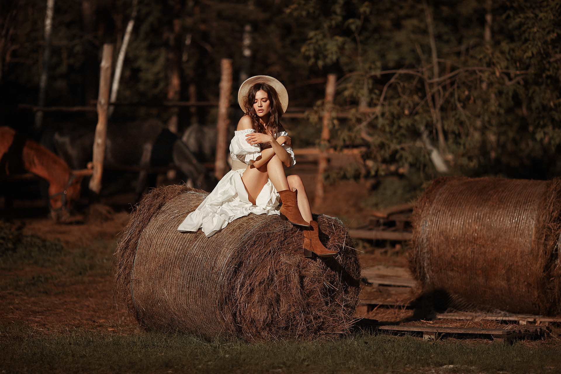 Dmitry Arhar Women Hat Dress White Clothing Boots Brunette Haystacks 1920x1280