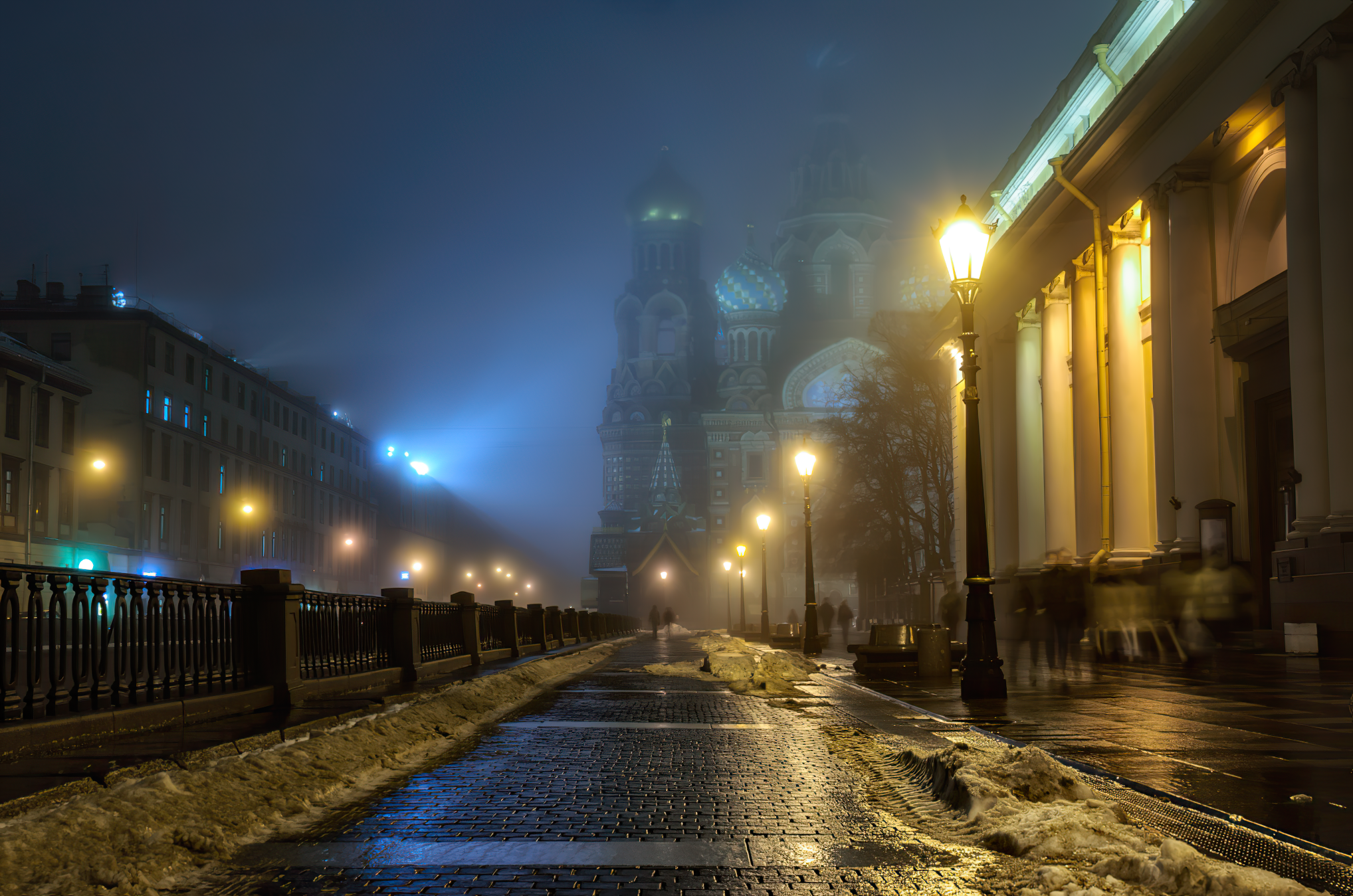 Russia St Petersburg Mist People Street Light Building Temple Photography City Snow 2036x1349