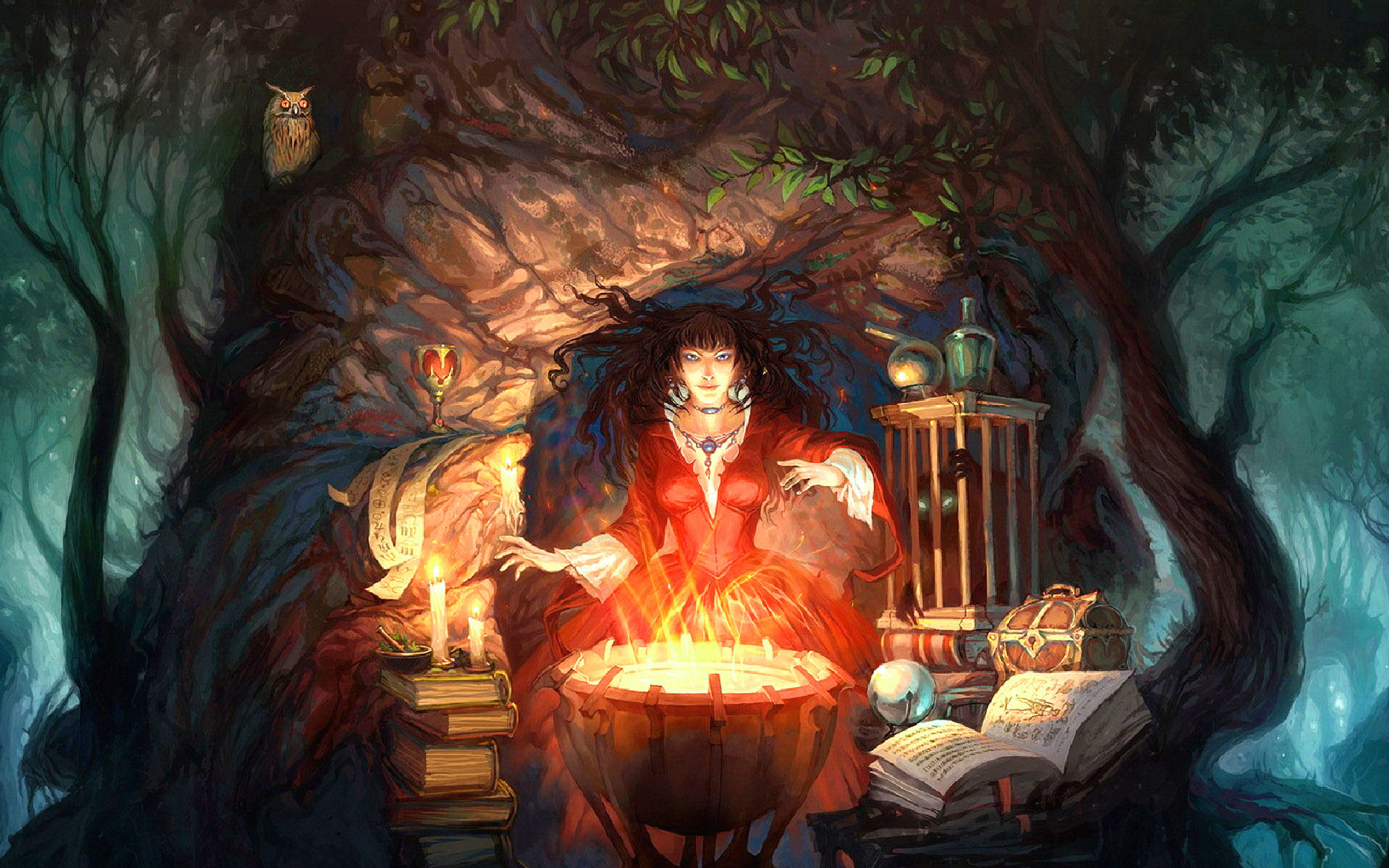Candle Crystal Ball Magic Tree Witch 1920x1200