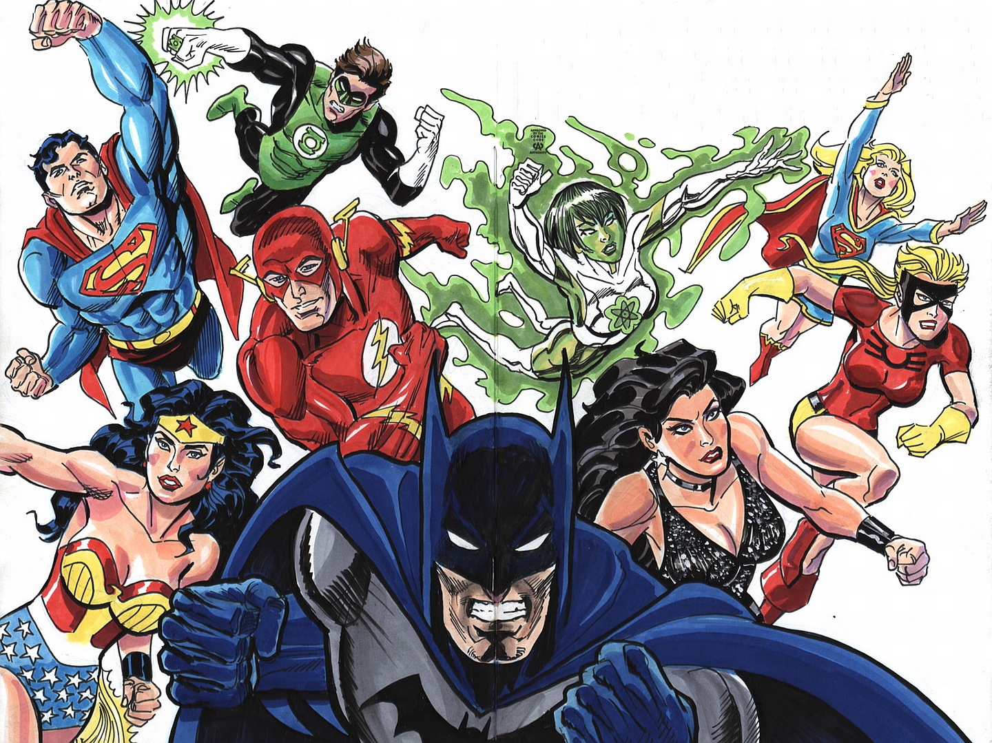 Superman Supergirl Wonder Woman Batman Green Lantern Flash Donna Troy DC Comics Justice League 1440x1079