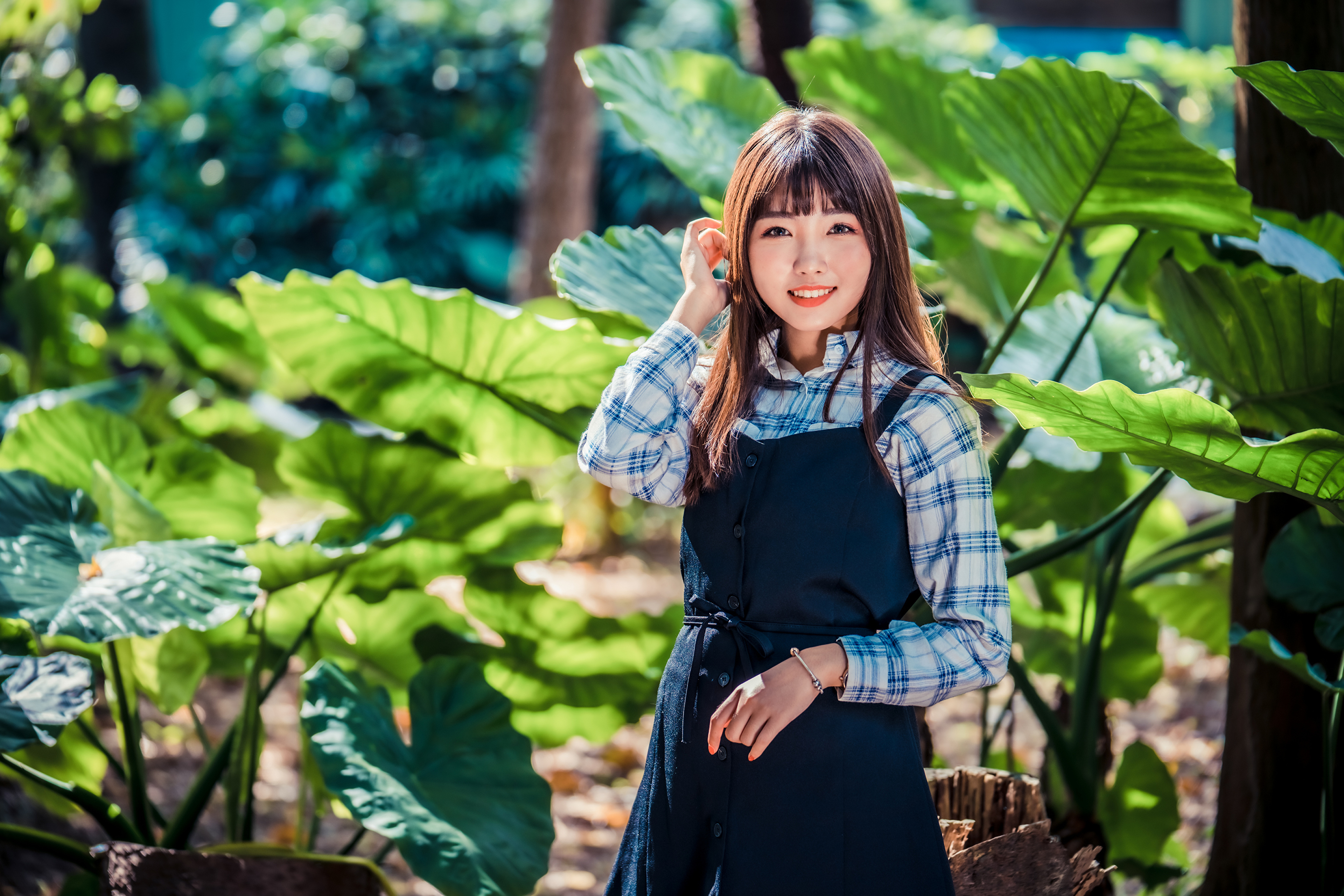 Asian Women Model Long Hair Brunette Depth Of Field Bushes Leaves Shirt Pants Suit Bracelets 3840x2561