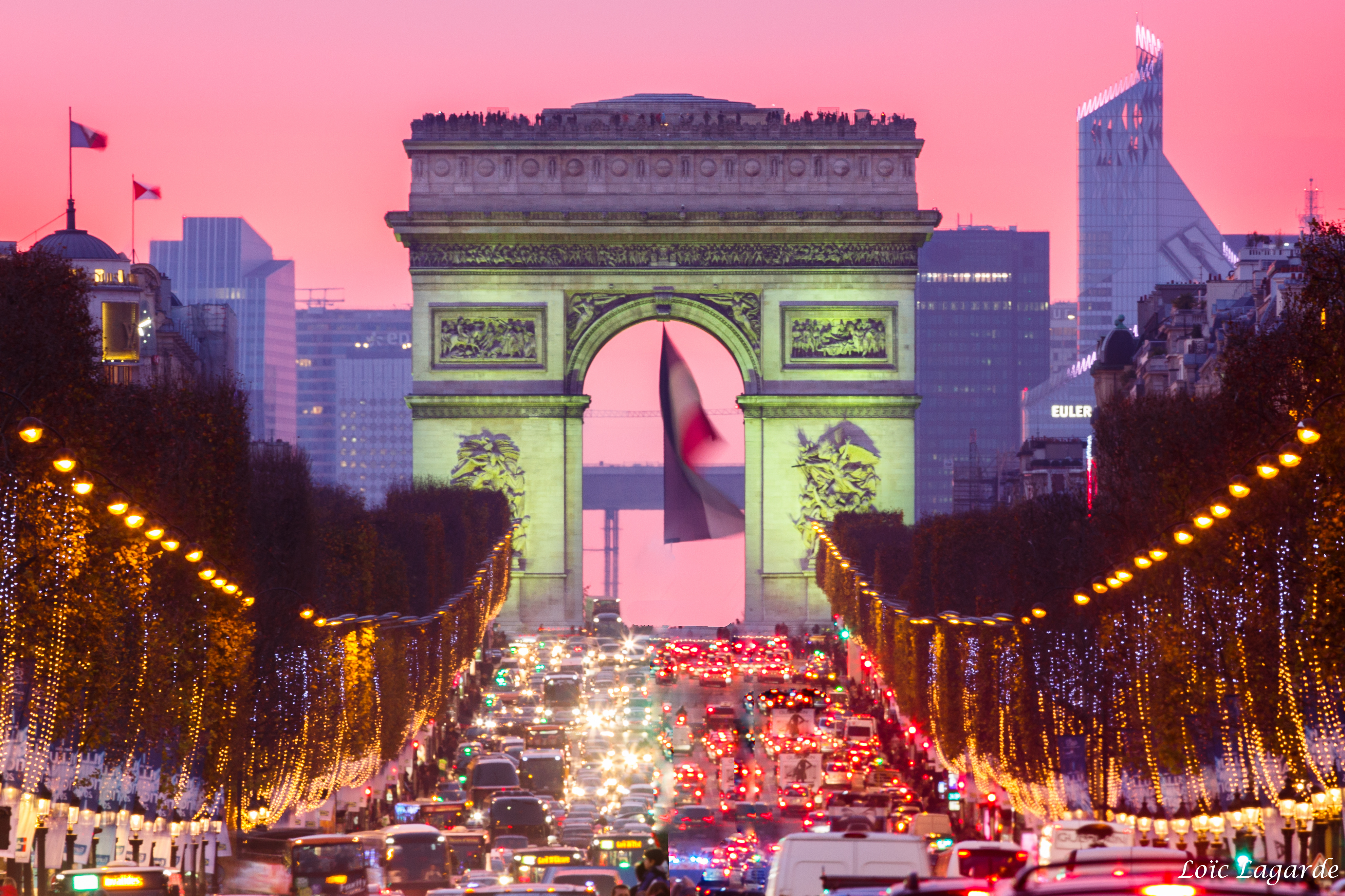 Arc De Triomphe Champs Elysees Light Monument Night Paris Street Tree Lined 3962x2641