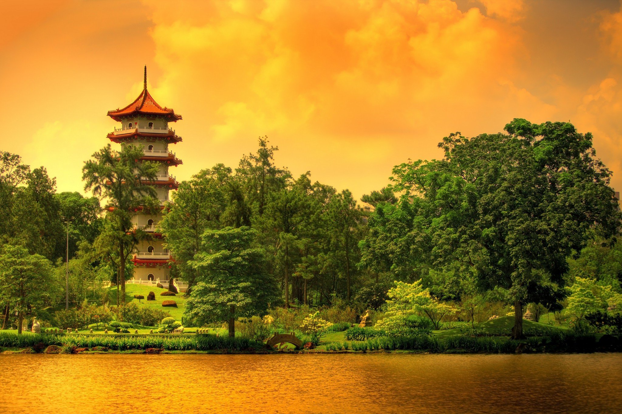 Pagoda Sunset Cloud Orange Color Lake Reflection Tree Green Golden 2048x1363