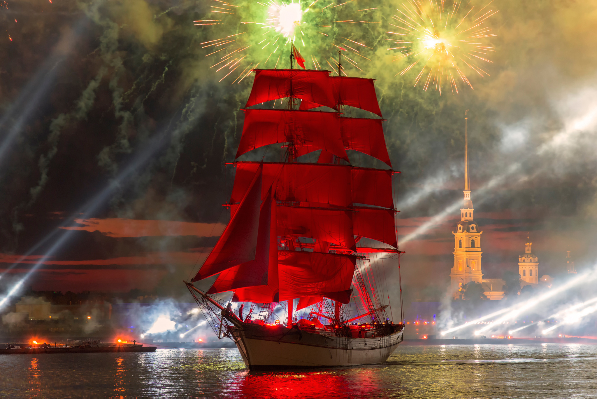 Ship Fireworks River Saint Petersburg Russia Building Night Water Tall Ship 2048x1367