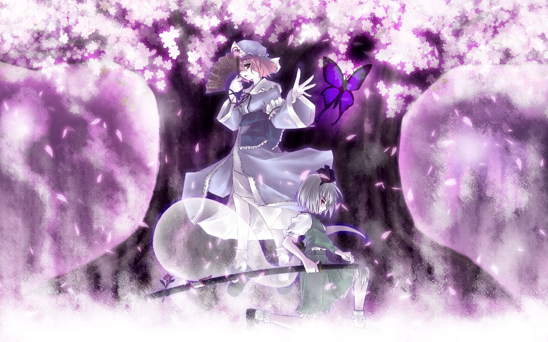 Purple Girl Butterfly Touhou Yuyuko Saigyouji Youmu Konpaku Myon Touhou 1920x1200