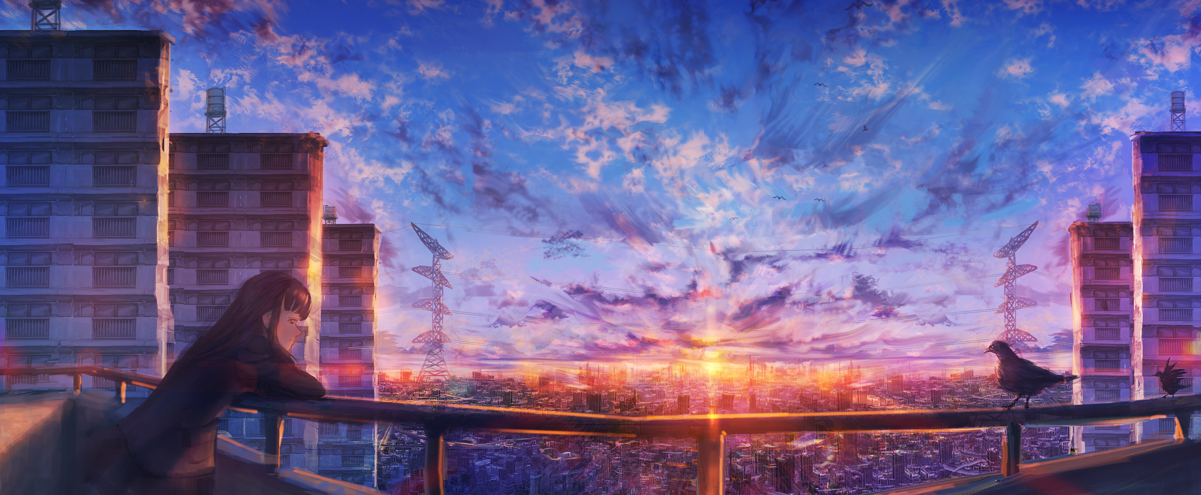 Moescape Sunset Sky Anime Girls Anime Birds Cityscape City Clouds 4000x1650