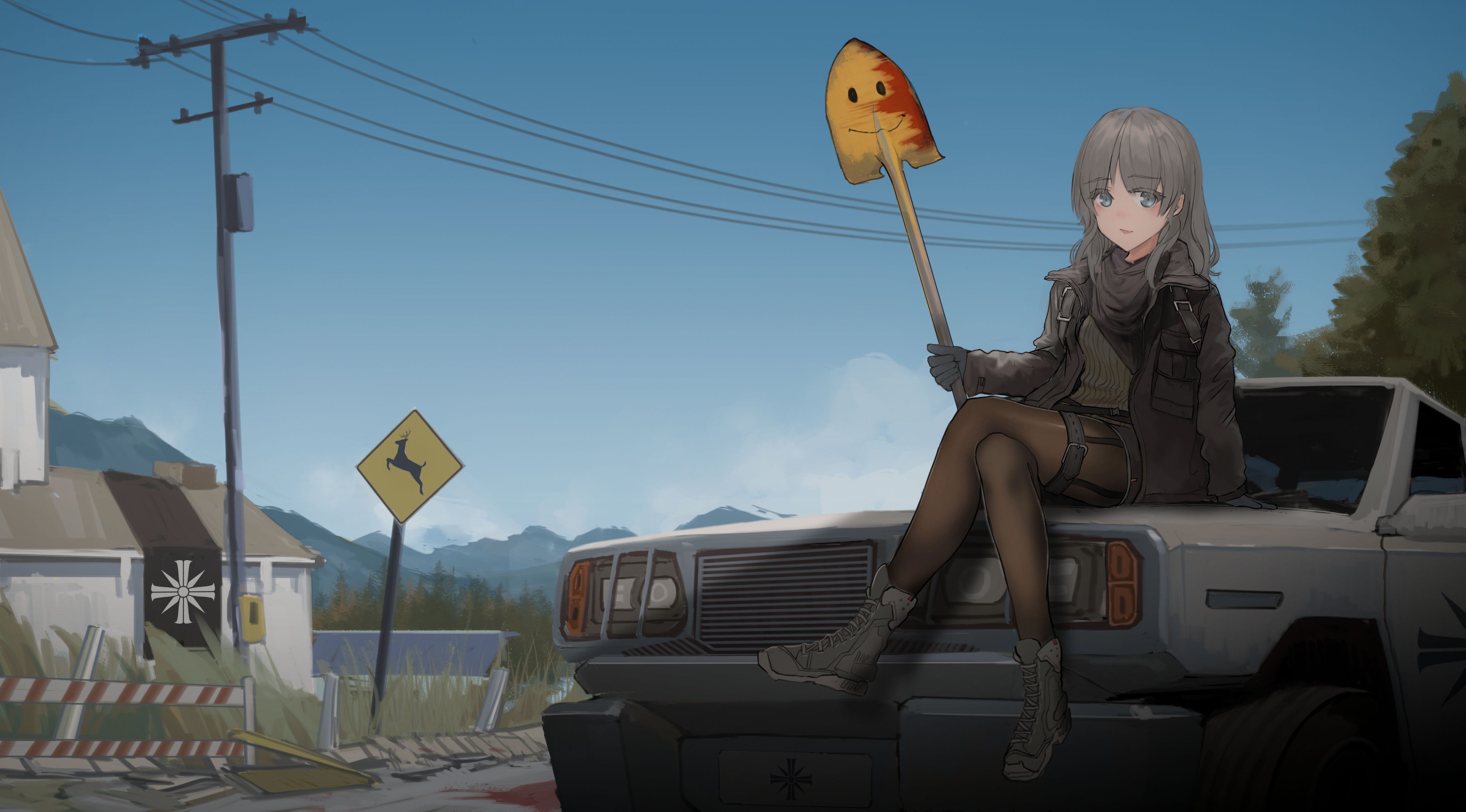 Anime Anime Girls AegisFate Far Cry 5 Shovels Smile Car Vehicle Sign Legs Crossed 4096x2270