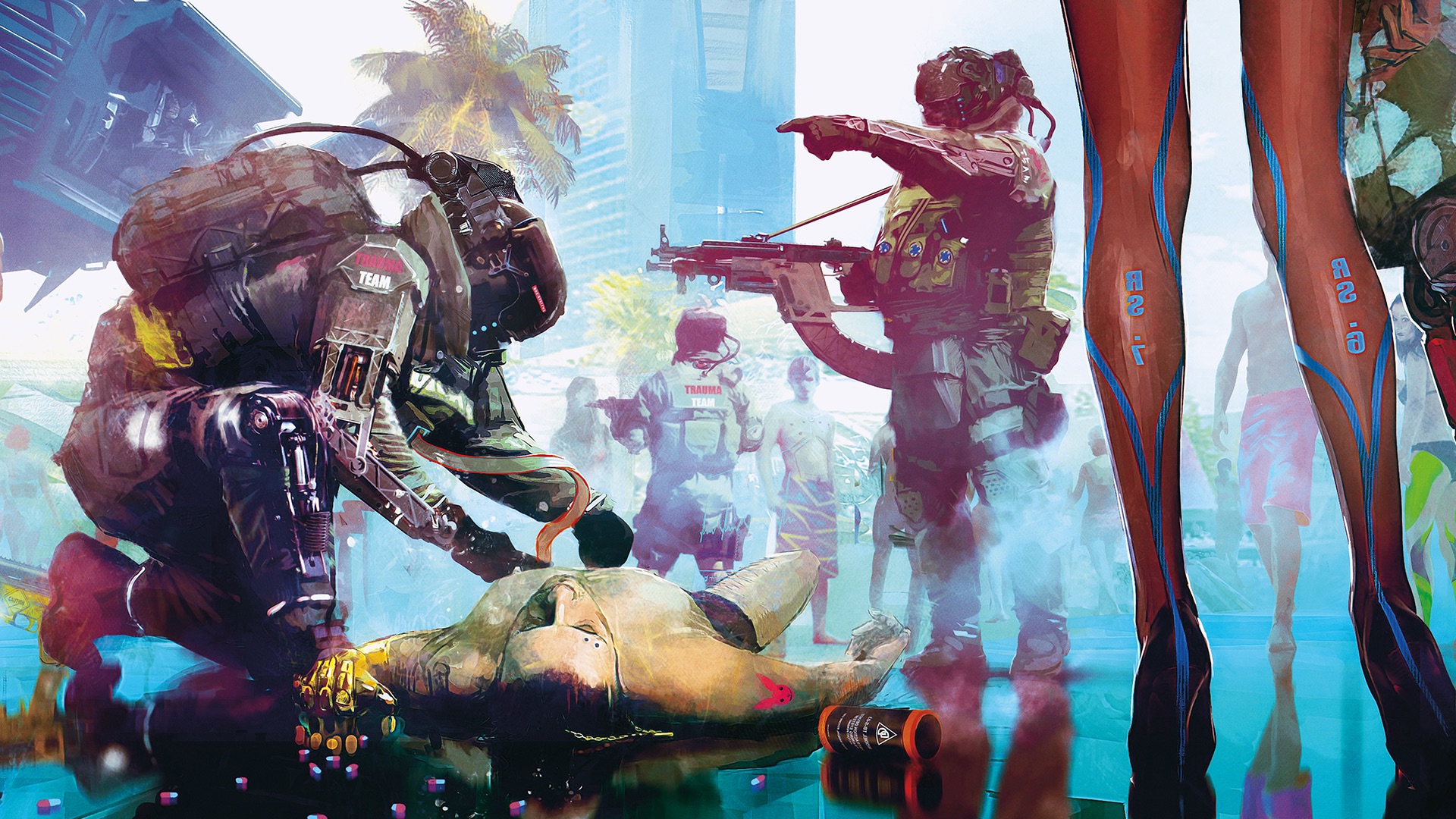 Cyberpunk Women Crime Scene Legs Armor Pills Cyberpunk 2077 1920x1080