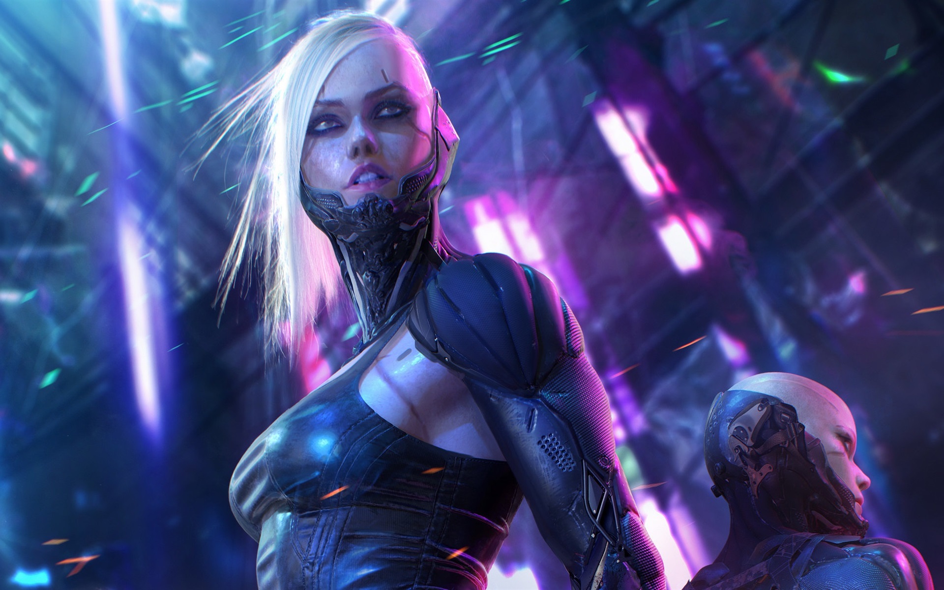 Artwork Science Fiction Cyberpunk Cyberpunk 2077 Neon Female Soldier Cyborg White Hair Digital Soufi 1920x1200